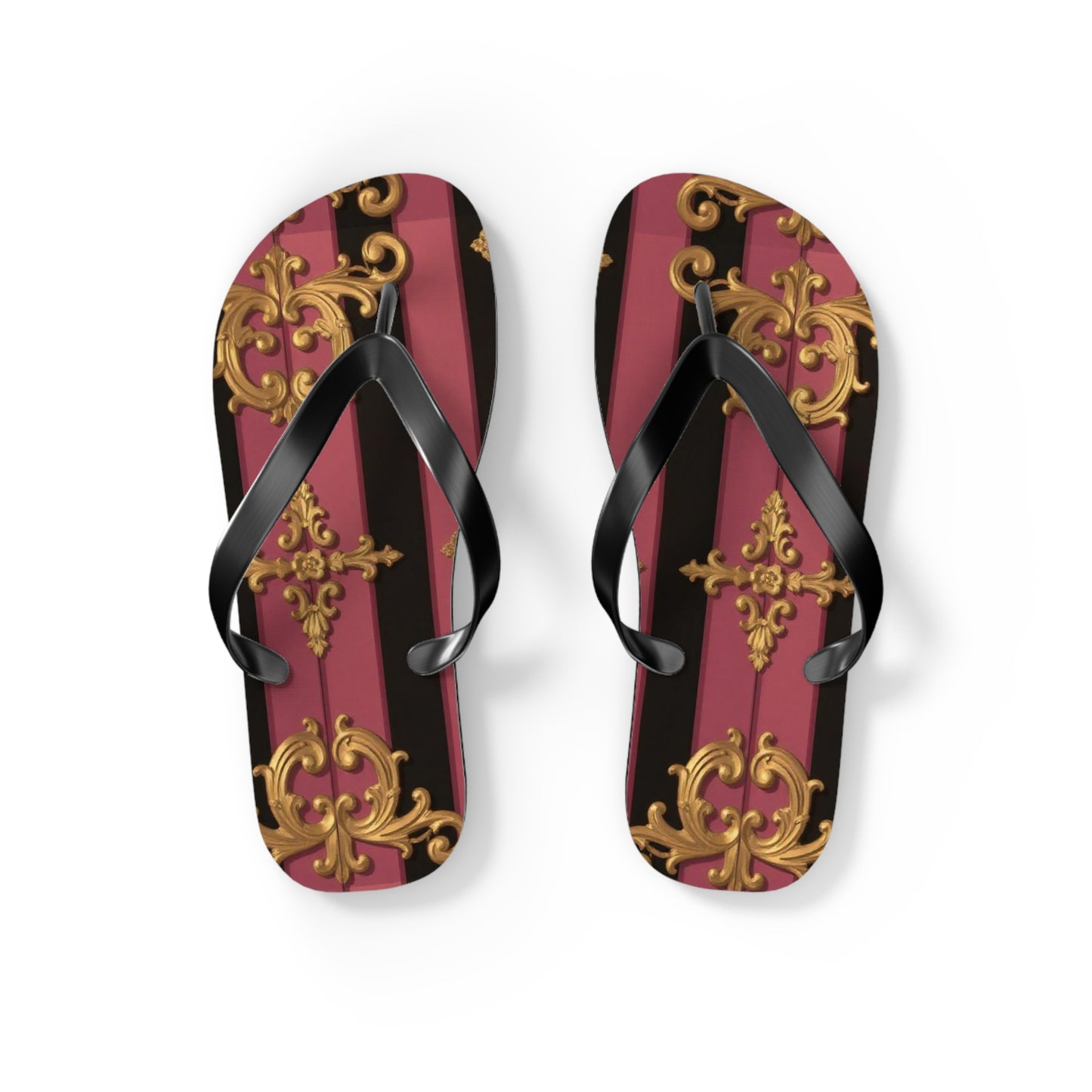 Elegant Black & Mauve Striped Gold Baroque Flip Flops, Chic Footwear for Summer, Pool Parties, Beach Days, Vacation Essentials