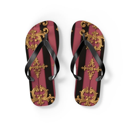 Elegant Black & Mauve Striped Gold Baroque Flip Flops, Chic Footwear for Summer, Pool Parties, Beach Days, Vacation Essentials
