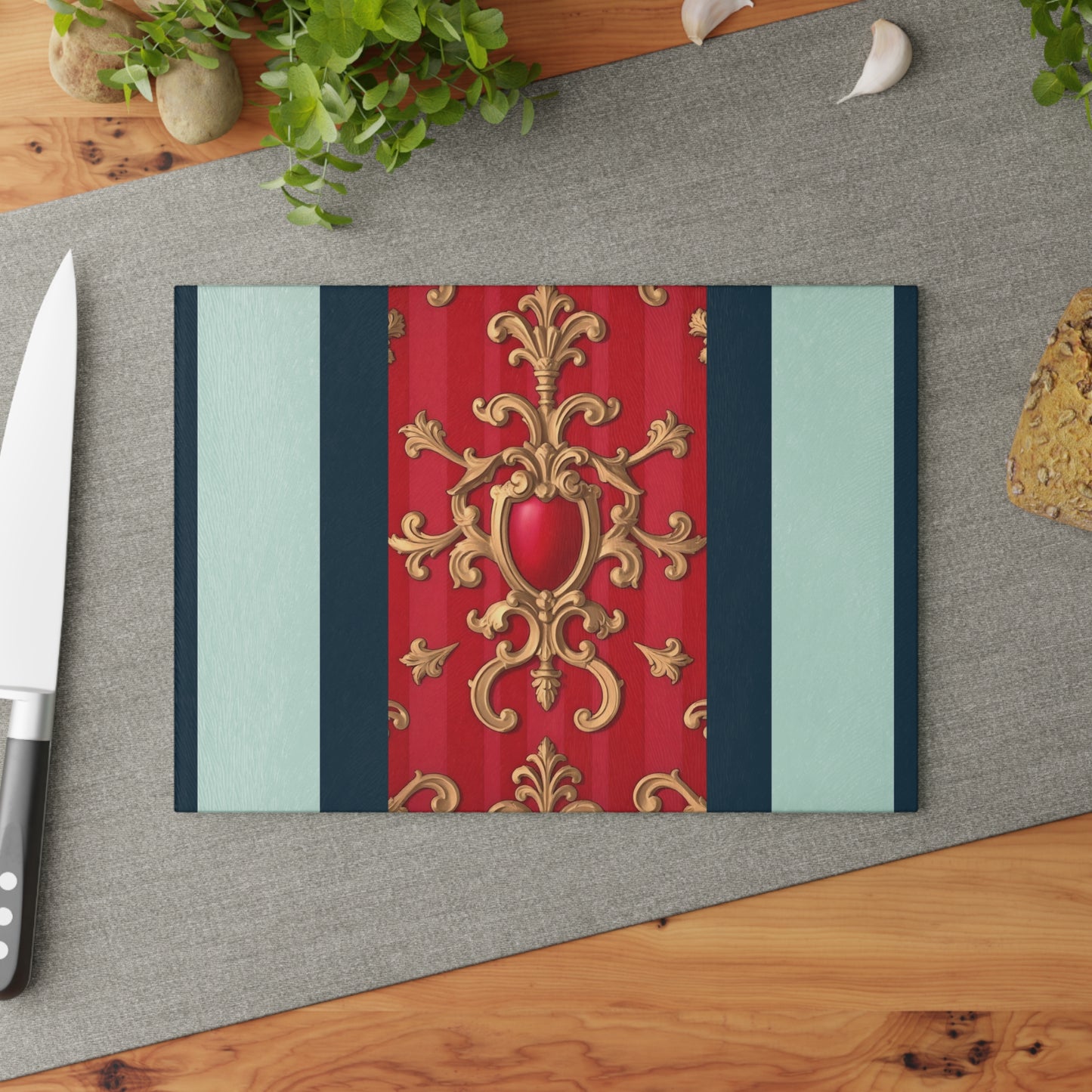 Elegant Decorative Glass Cutting Board, Kitchen Gifts, Home Decor, Cooking Accessories, Wedding Registry - Blue, Red & White Striped Baroque
