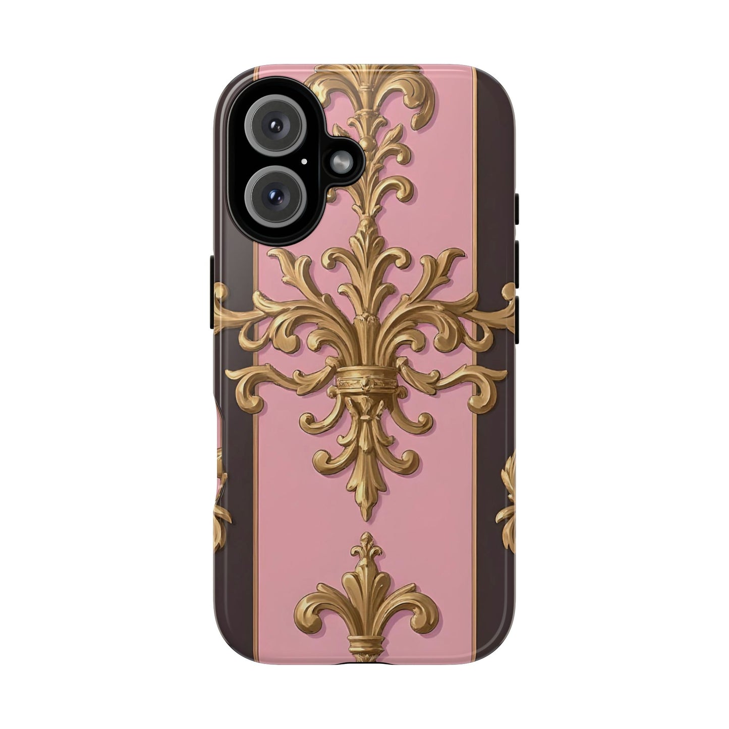 Elegant Floral Motif Phone Case - Tough Cases with Vintage Design - Pink & Brown Striped Gold Damask