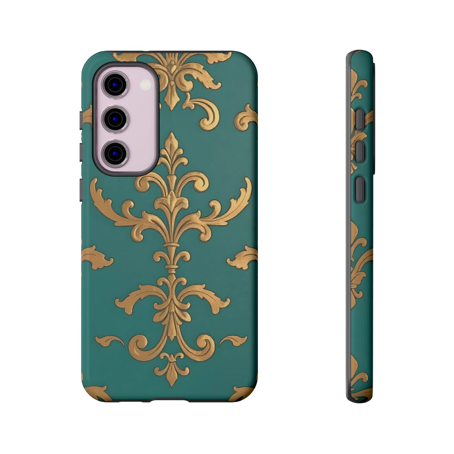 Elegant Floral Motif Phone Case - Tough Cases with Vintage Design - Aqua & Gold Damask