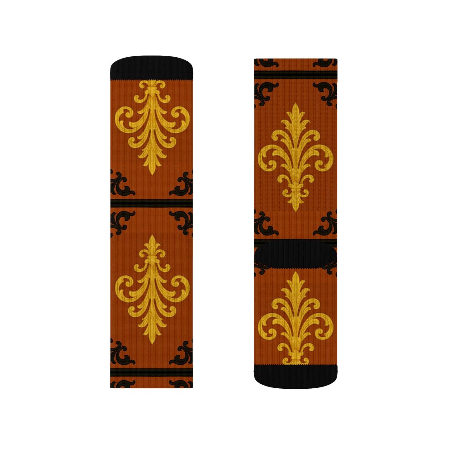 Dusk Terracotta Baroque Sublimation Socks — Vintage Terracotta & Gold Patterned Crew Socks