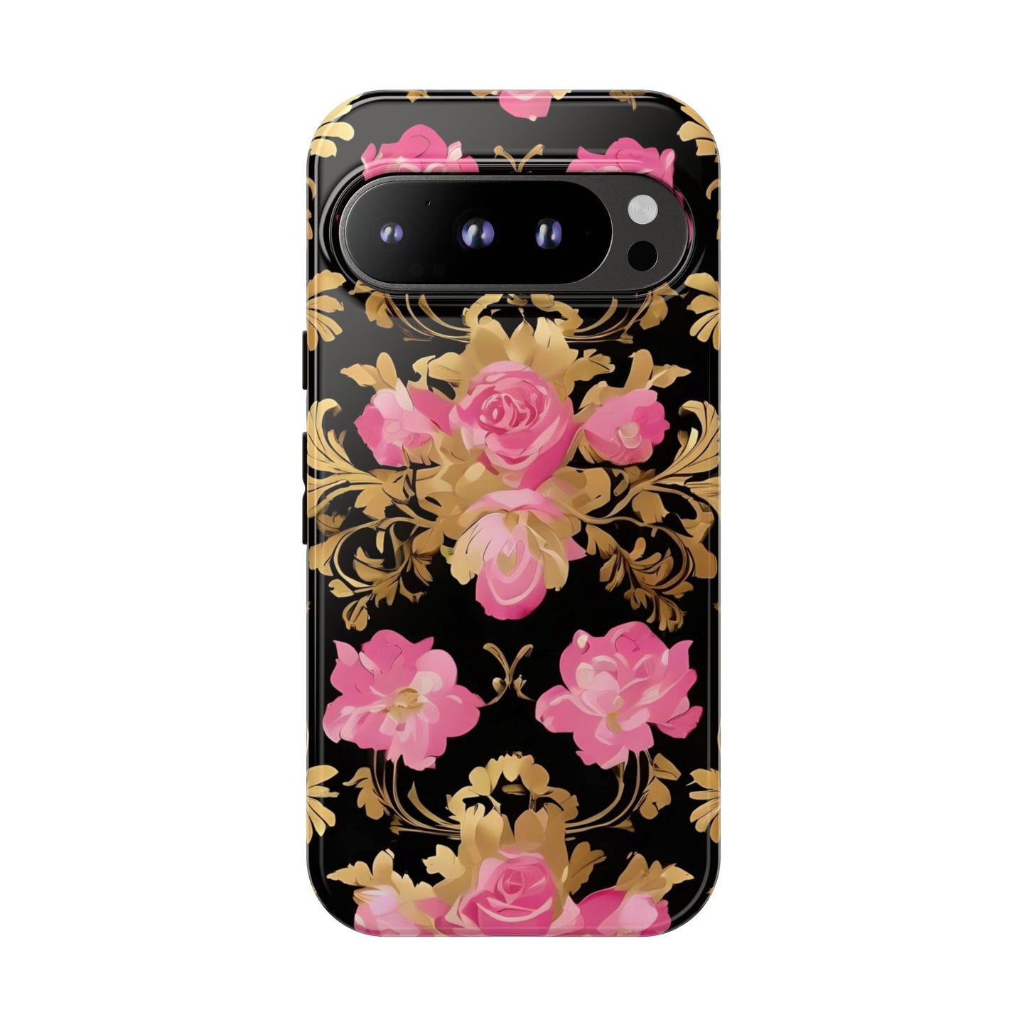 Elegant Floral Motif Phone Case - Tough Cases with Vintage Design - Pink & Gold Roses
