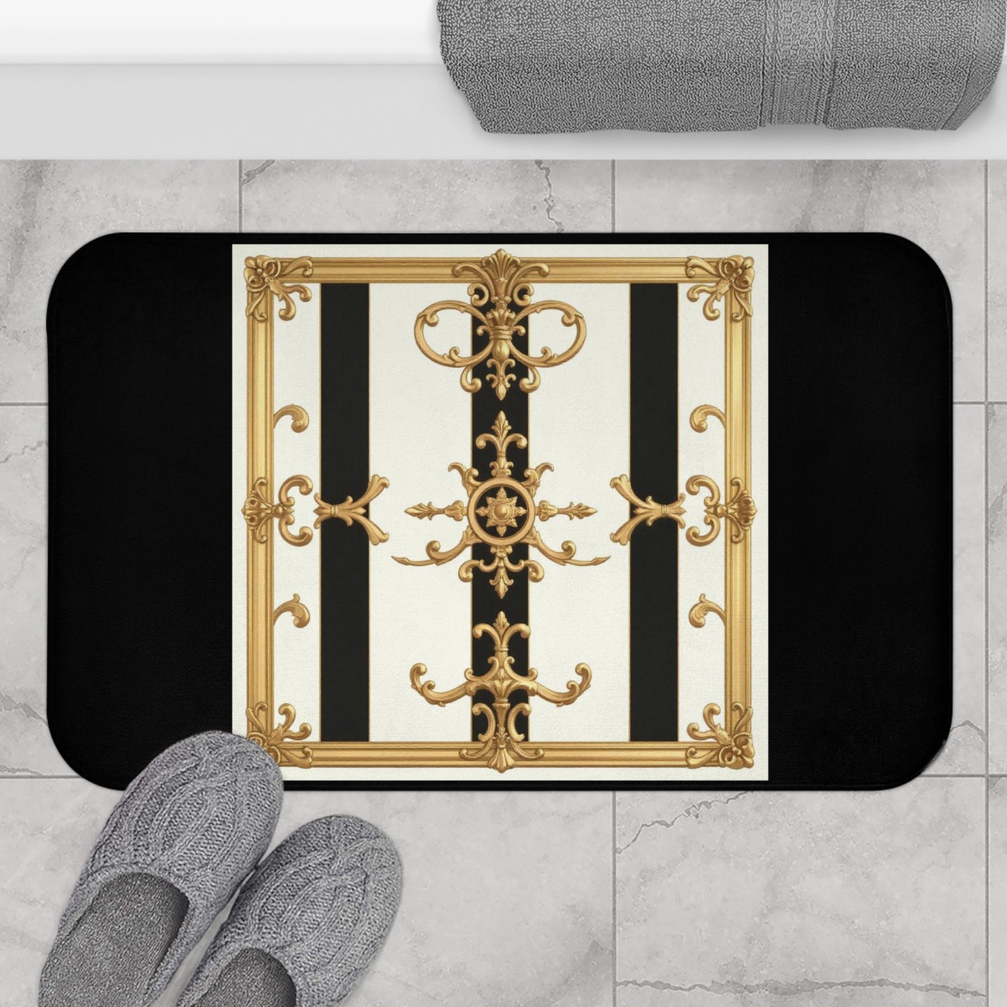 Elegant Gold and Black Bath Mat, Luxurious Bathroom Decor, Chic Home Accent, Gift for Housewarming - Black & White Striped Gold Baroque