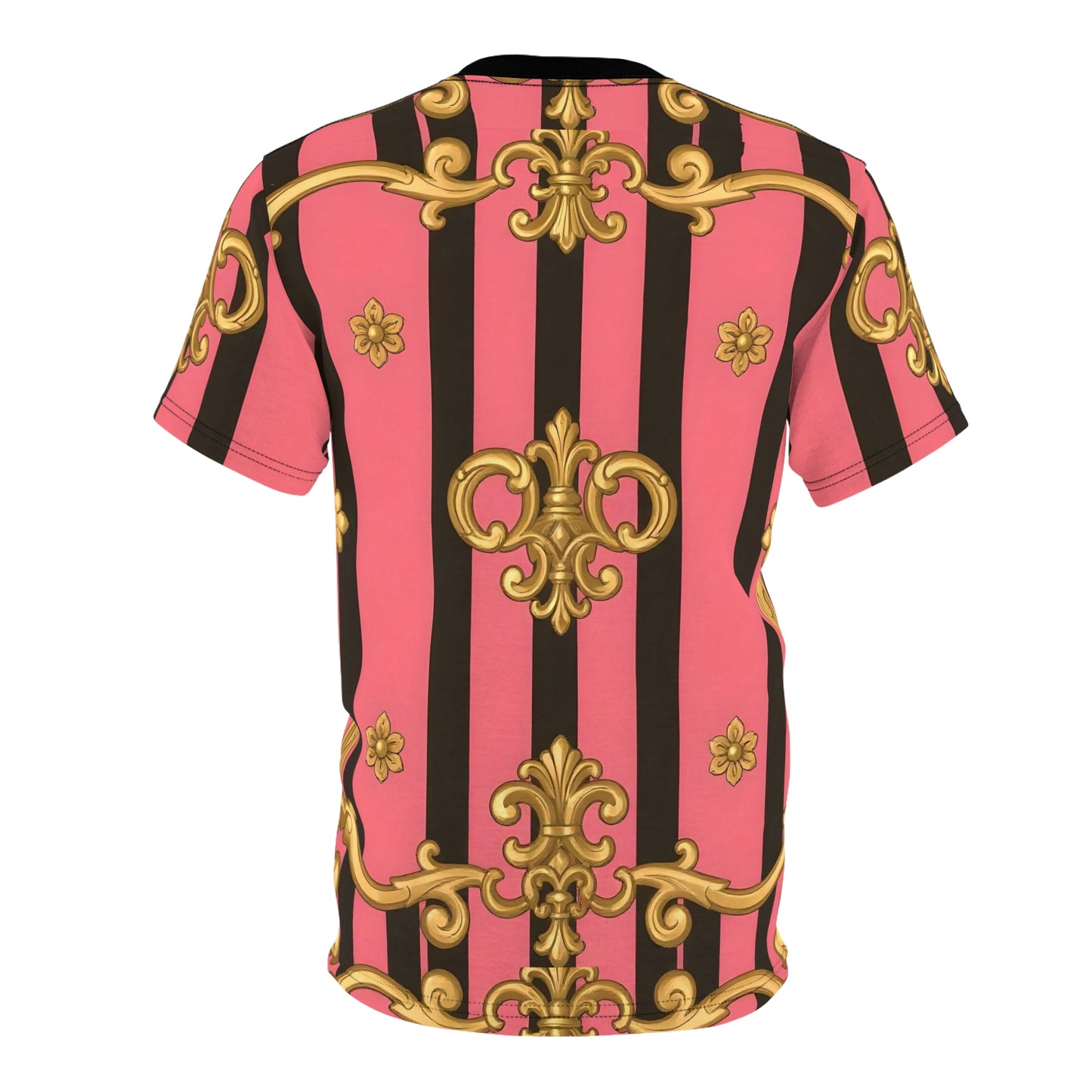 Stylish Unisex Cut & Sew Tee with Bold Pink and Gold Pattern, Trendy Top for Casual Days - Pink & Black Striped Gold Baroque