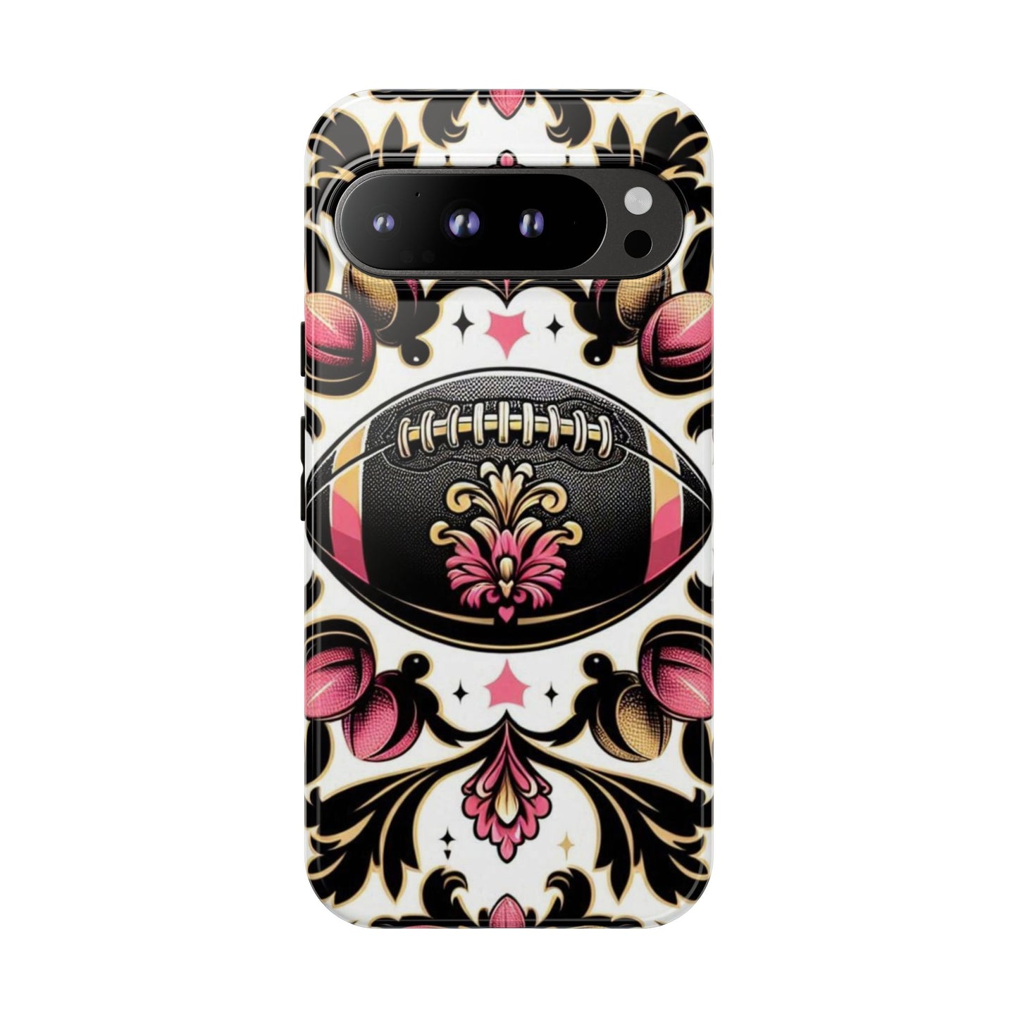 Elegant Floral Motif Phone Case - Tough Cases with Vintage Design - Damask White, Pink Gold & Black Football