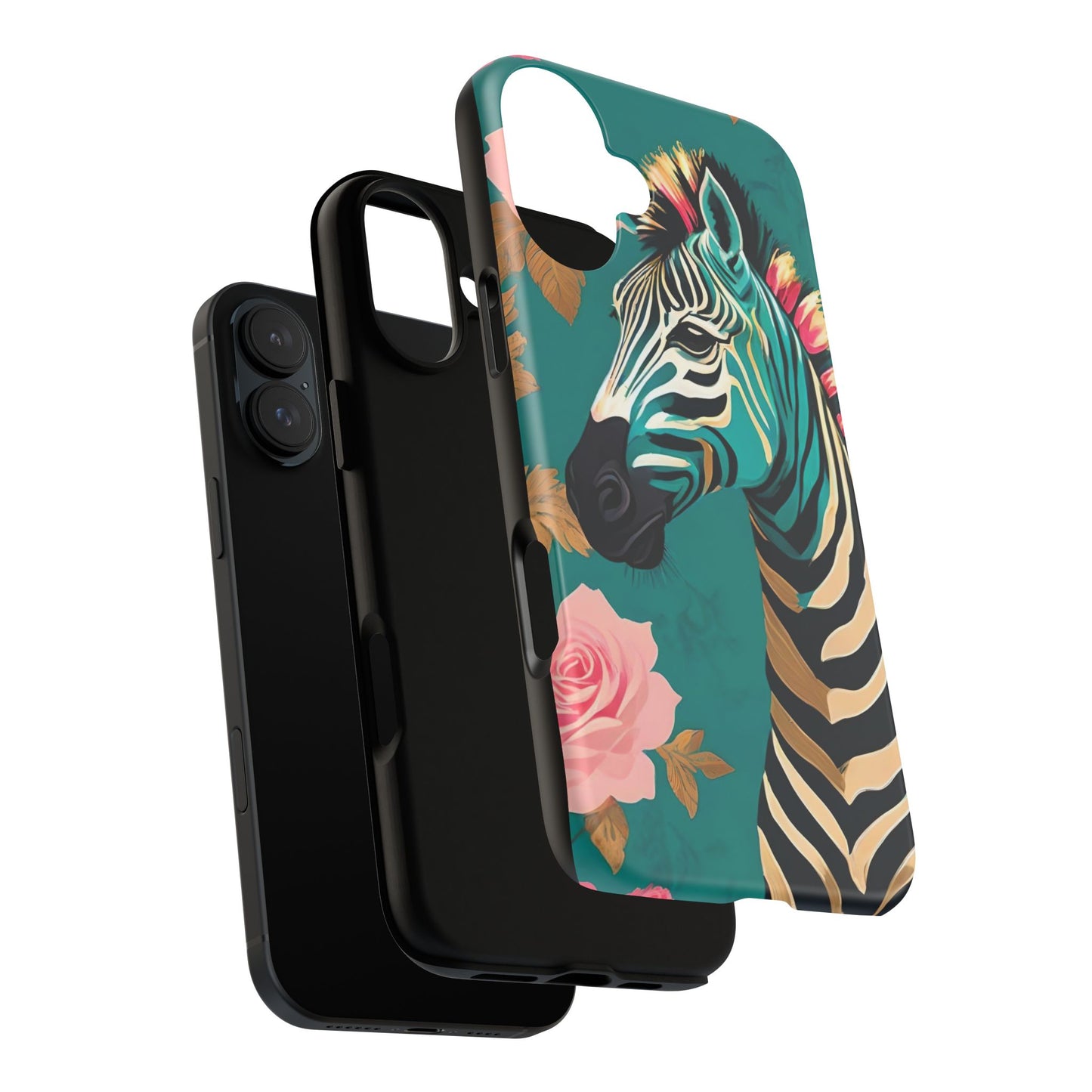 Phone Case - Elegant Teal & Gold Zebra & Roses Design