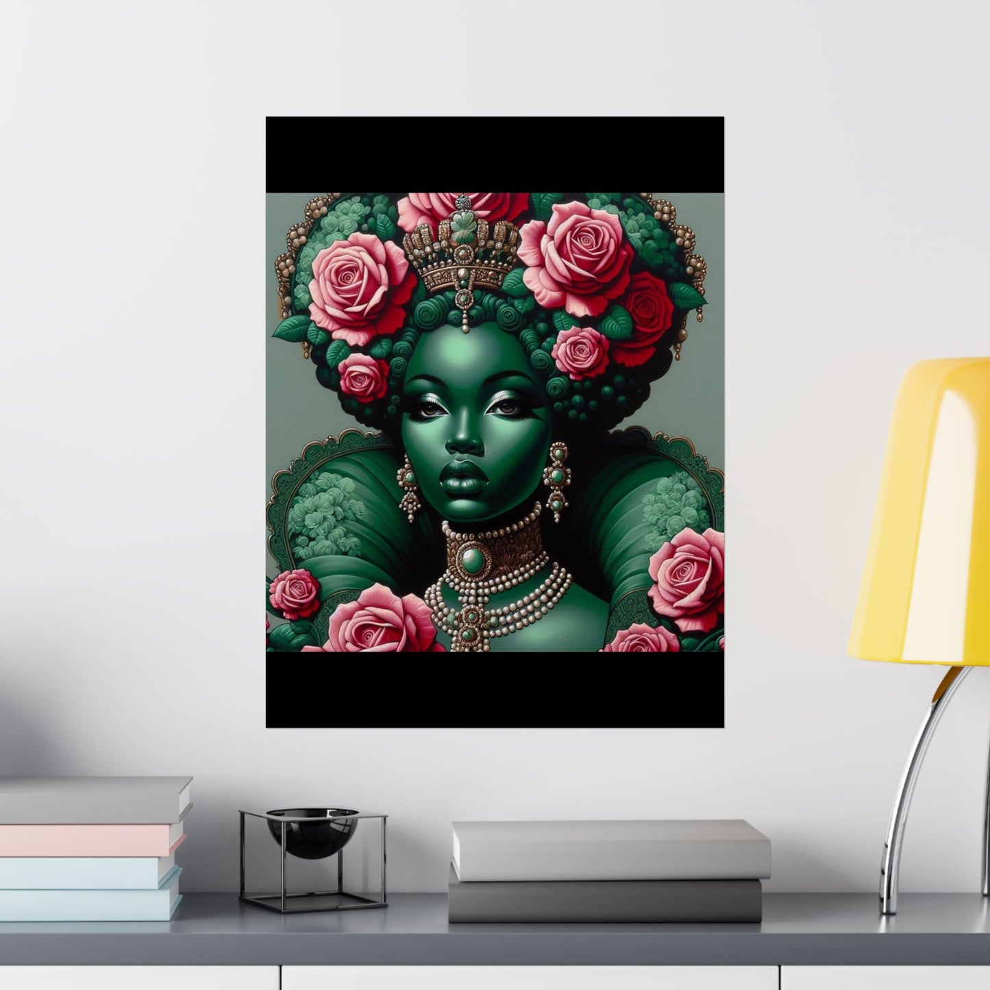 Floral Afro Art Poster - Elegant Matte Vertical Wall Decor - Green Lady With Roses
