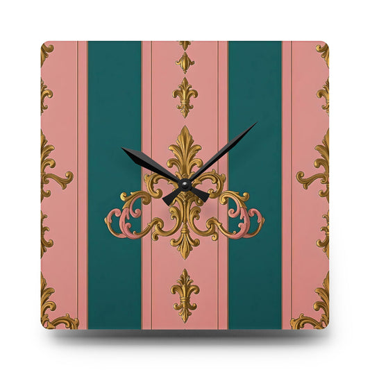 Elegant Vintage Acrylic Wall Clock, Home Decor, Wall Art, Gift for Her, Boho Style, Living Room Decoration - Pink & Teal Striped Gold Baroque