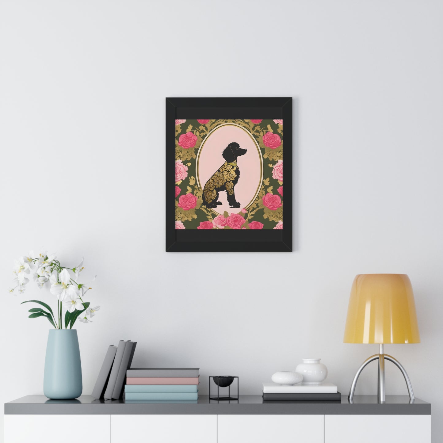 Vertical Poster - Stylish Framed - Art for Home Decor - Damask Black & Gold Poodle in Olive & Pink Roses