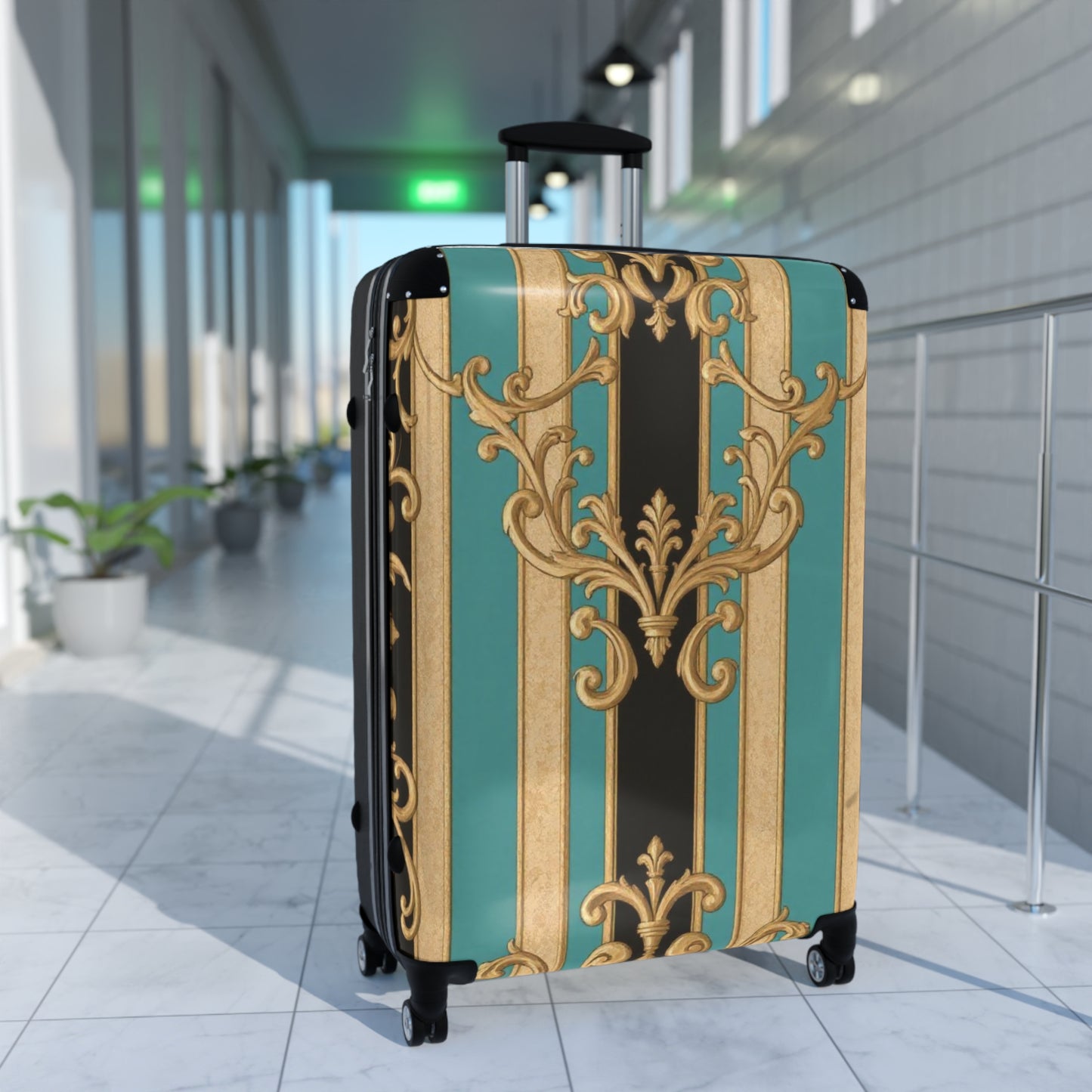 Stylish Black, Tan & Ocean Green Striped Gold Baroque Travel Suitcase, Luggage for Adventurers, Unique Gift for Travelers, Vintage Design