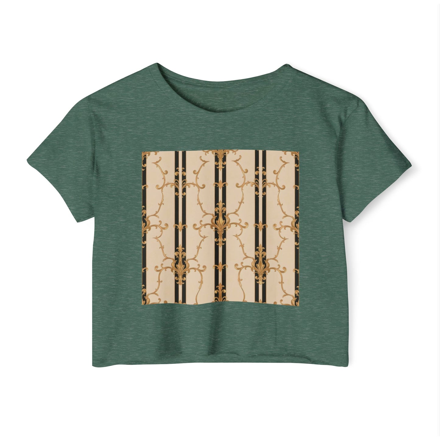 Festival Crop Top, Stylish Summer Tee, Trendy Women's Shirt, Festival Wear, Perfect for Music Events - Black & Beige Striped Damask