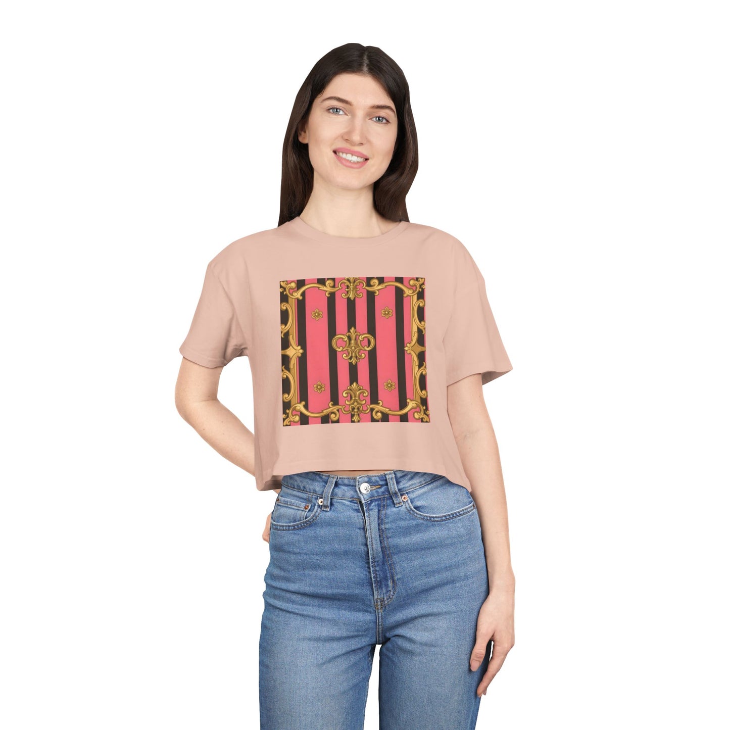 Chic Vintage-Inspired Women's Crop Tee, Stylish Summer Top, Trendy Fashion Tee, Baroque Casual Wear - Pink & Black Striped Gold Baroque