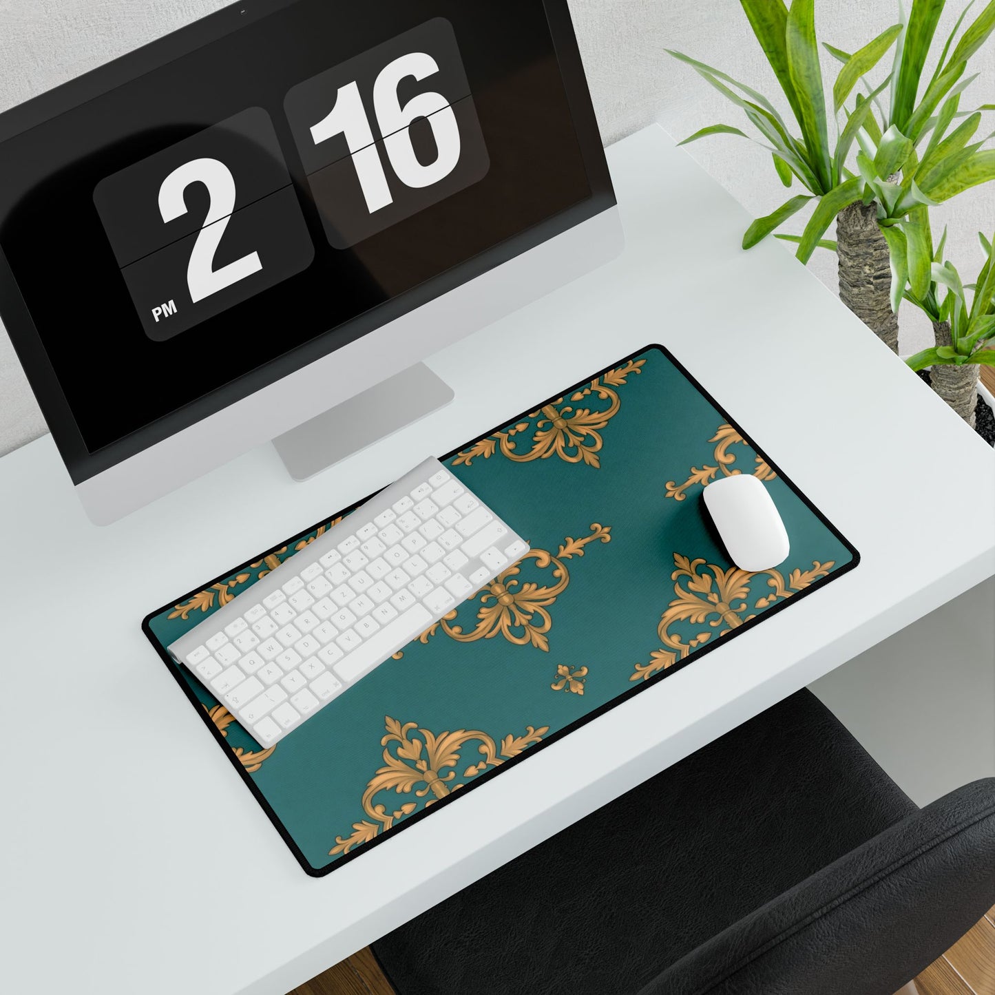 Elegant Floral Desk Mat for Home Office Decor - Teal & Gold Damask