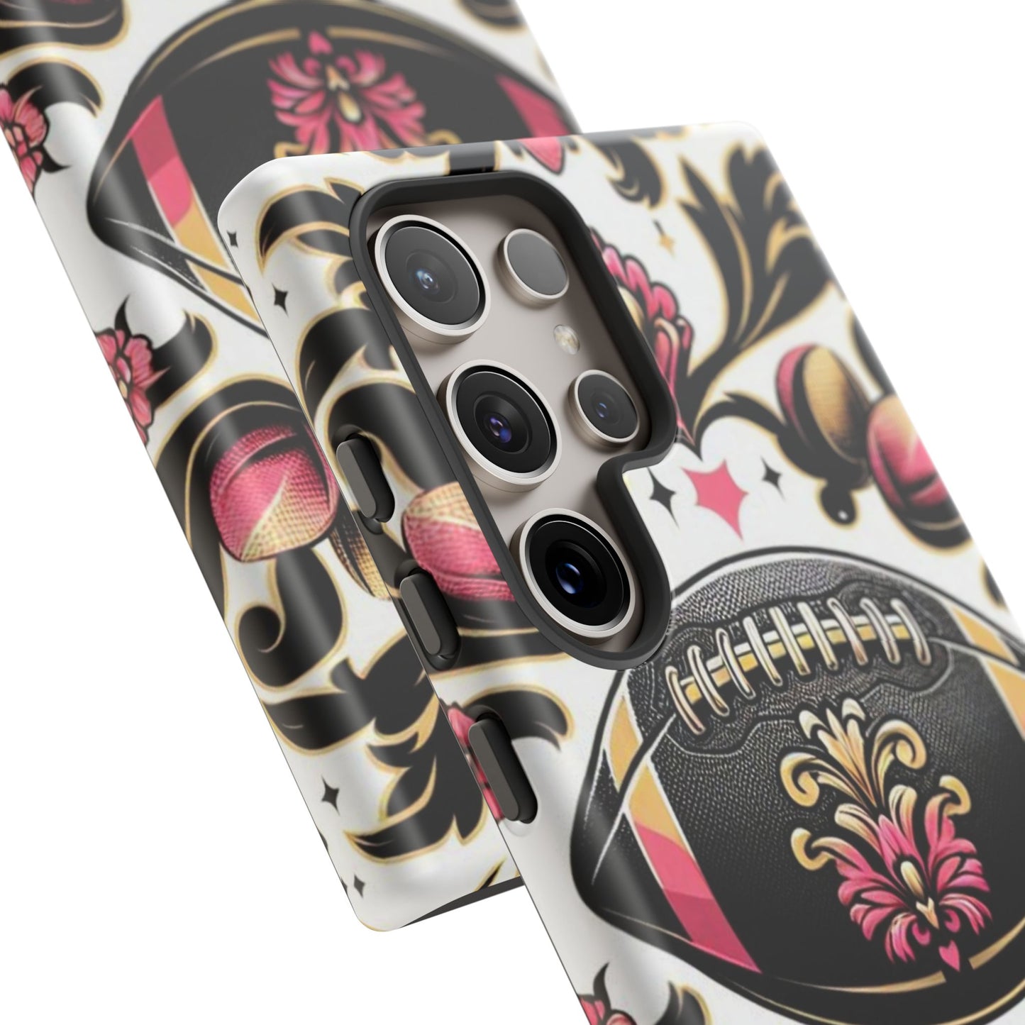 Elegant Floral Motif Phone Case - Tough Cases with Vintage Design - Damask White, Pink Gold & Black Football