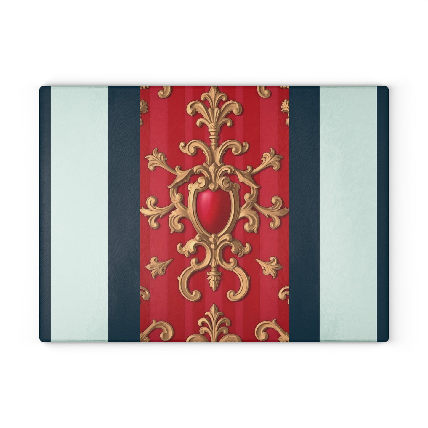 Elegant Decorative Glass Cutting Board, Kitchen Gifts, Home Decor, Cooking Accessories, Wedding Registry - Blue, Red & White Striped Baroque