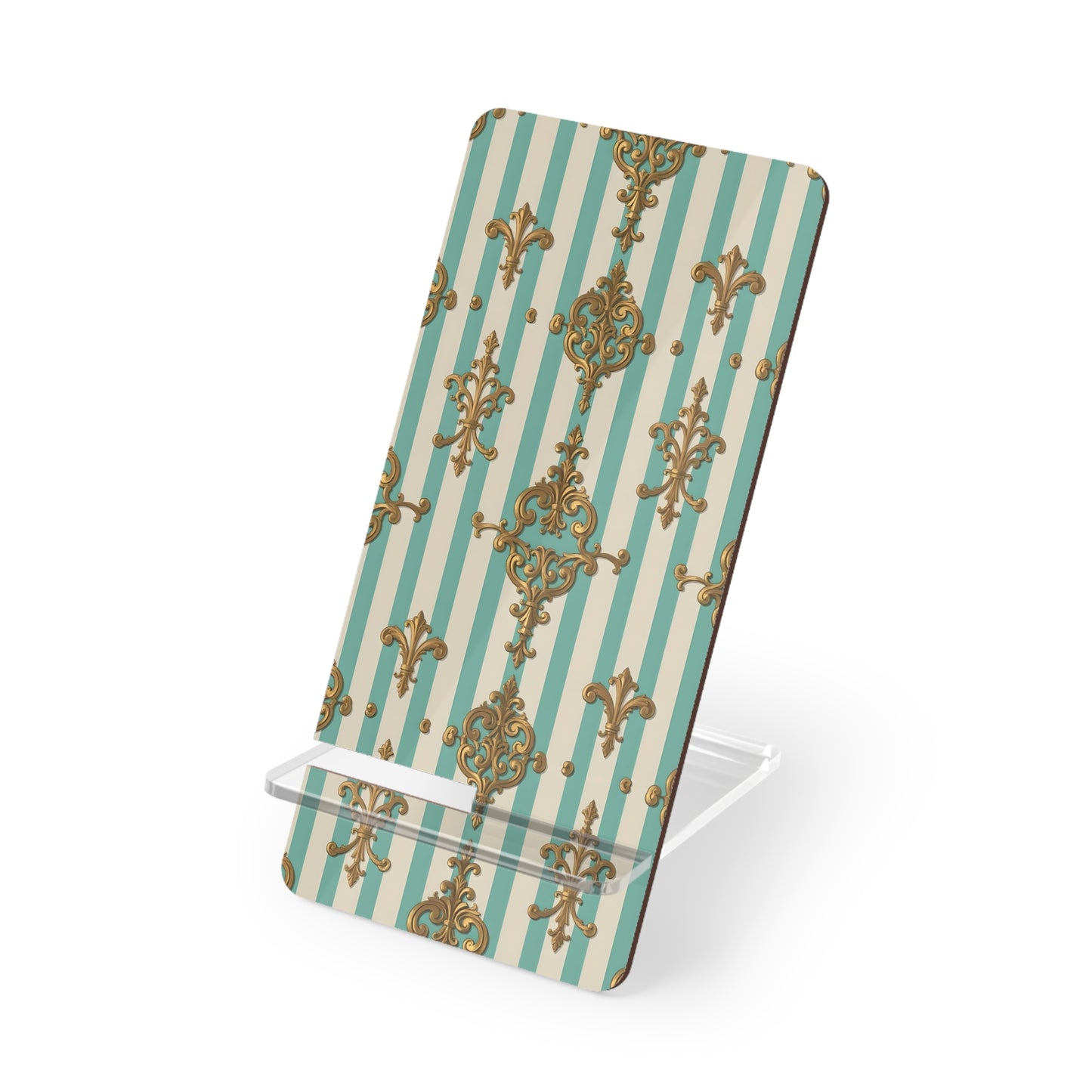 Elegant Smartphone Display Stand, Phone Holder, Decorative Mobile Stand, Desk Organizer - Matte Green Striped Rococo