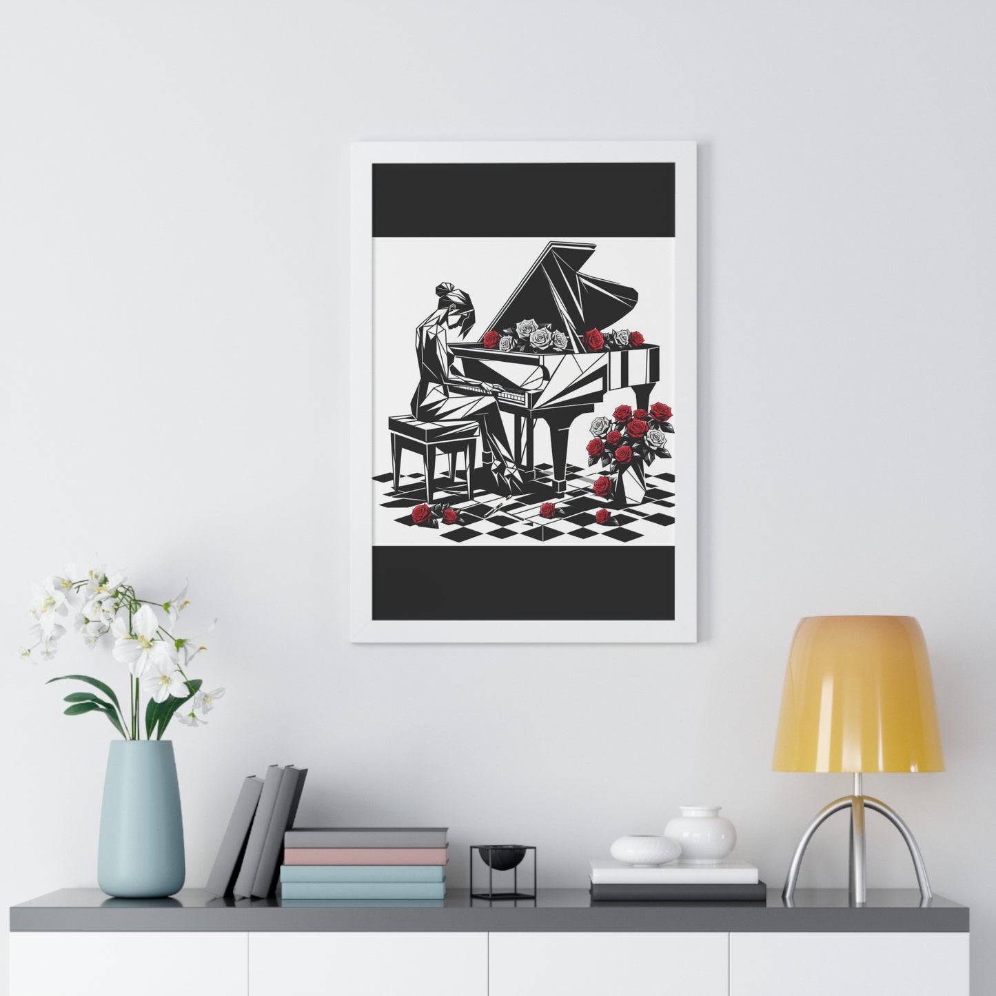Vertical Poster - Black & White Grand Piano & Red Roses Wall Art