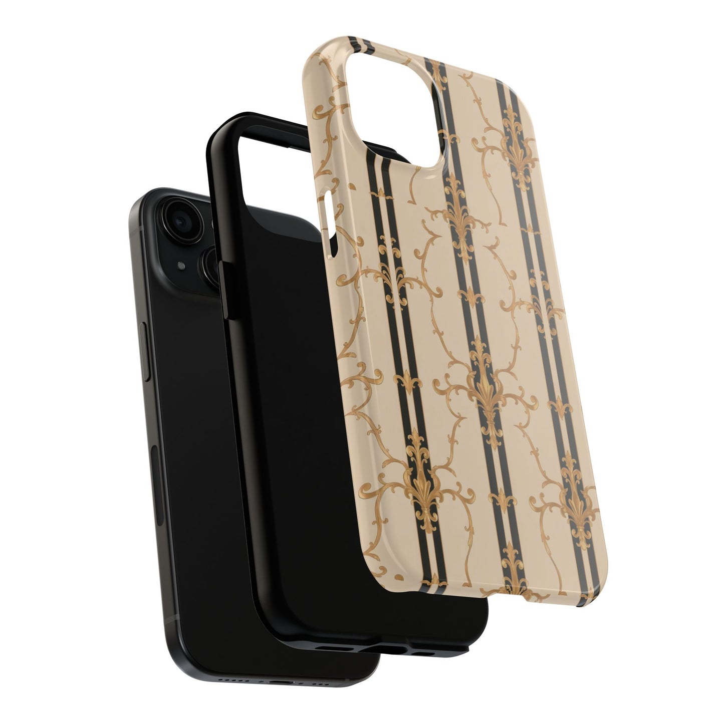 Elegantly Tough Phone Cases | Stylish Phone Covers, Durable Cases, Fashionable Accessories - Black & Beige Striped Damask