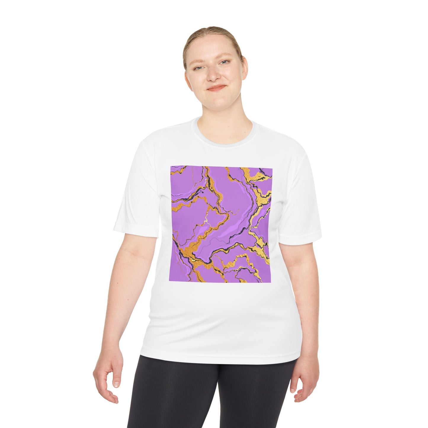 Unisex Moisture-Wicking Tee with Purple and Gold Marble Design - Athletic Shirt, Casual Wear, Fitness Apparel, Summer Style, Gift Idea