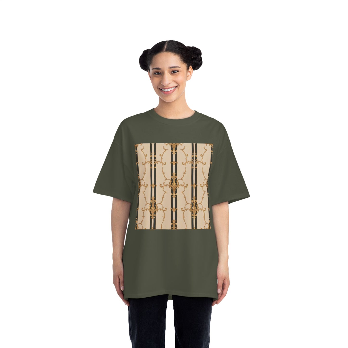 Stylish Graphic Tee for Casual Wear, Fashionable Short-Sleeve Shirt, Unique Summer Top - Black & Beige Striped Damask