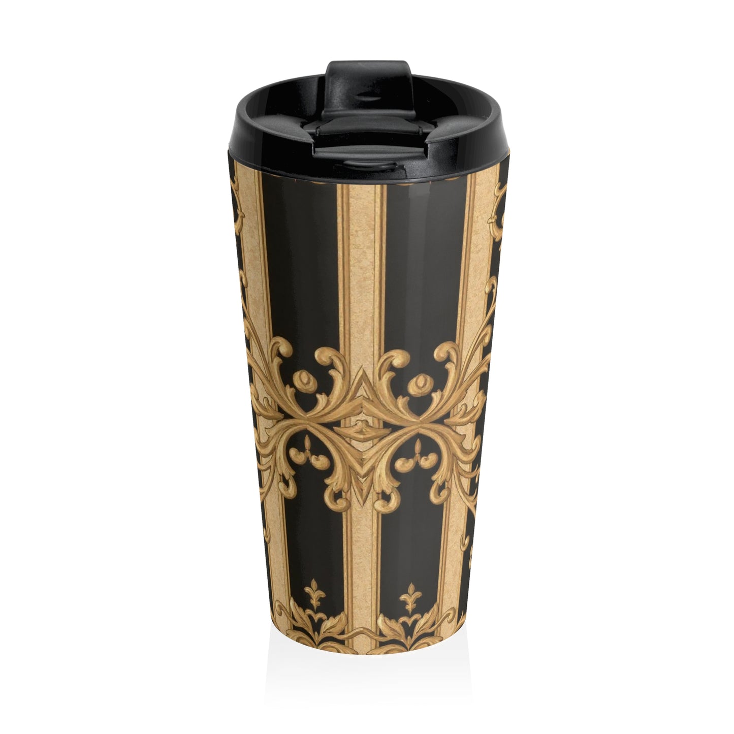 Elegant Black, Tan & Ocean Green Striped Gold Baroque Vintage Floral Stainless Steel Travel Mug | Personalized Travel Cup, Gift for Her