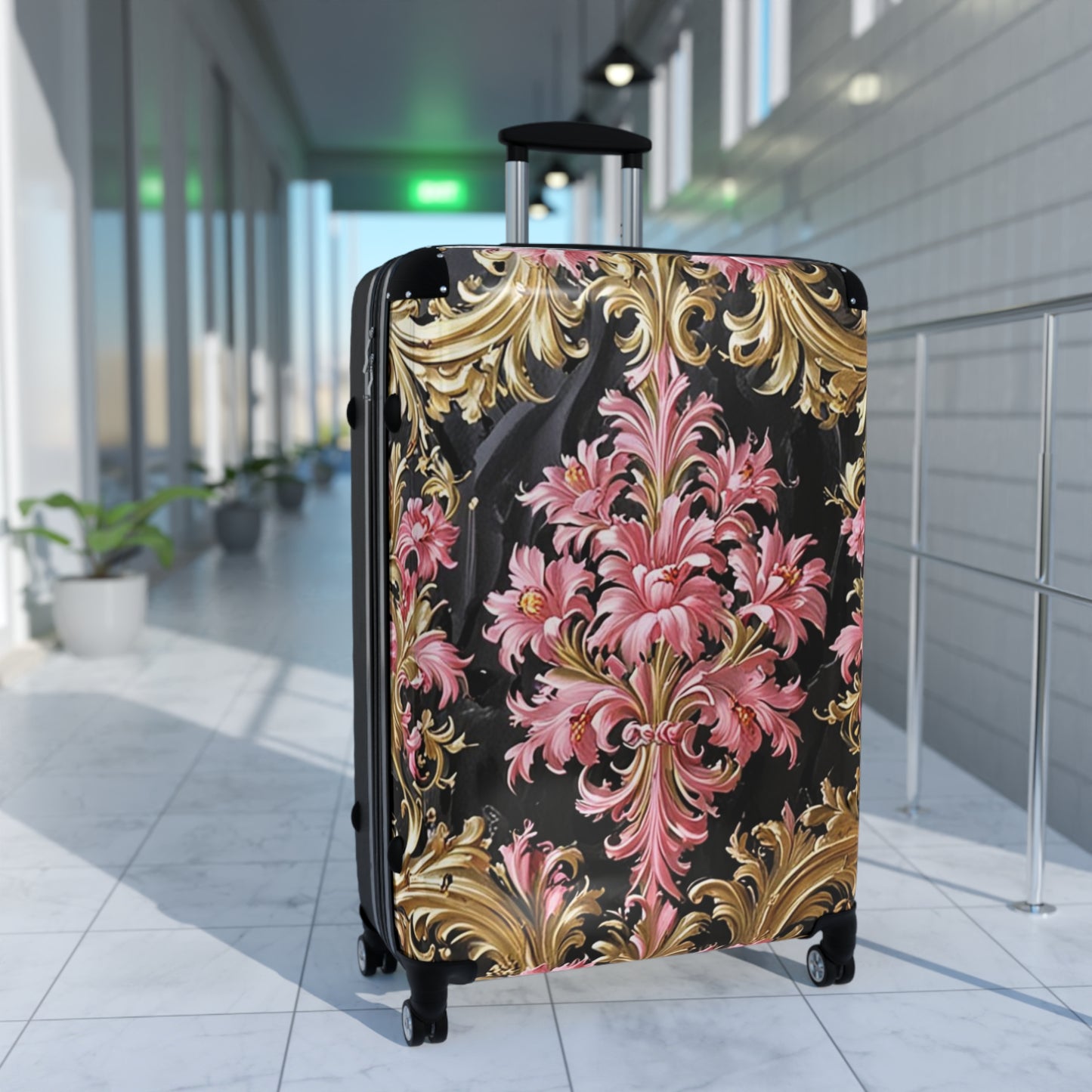 Elegant Floral Suitcase - Travel Luggage, Chic Carry-On, Stylish Baggage, Vintage-Inspired Design - Black & Pink Oil Painting Style Rococo