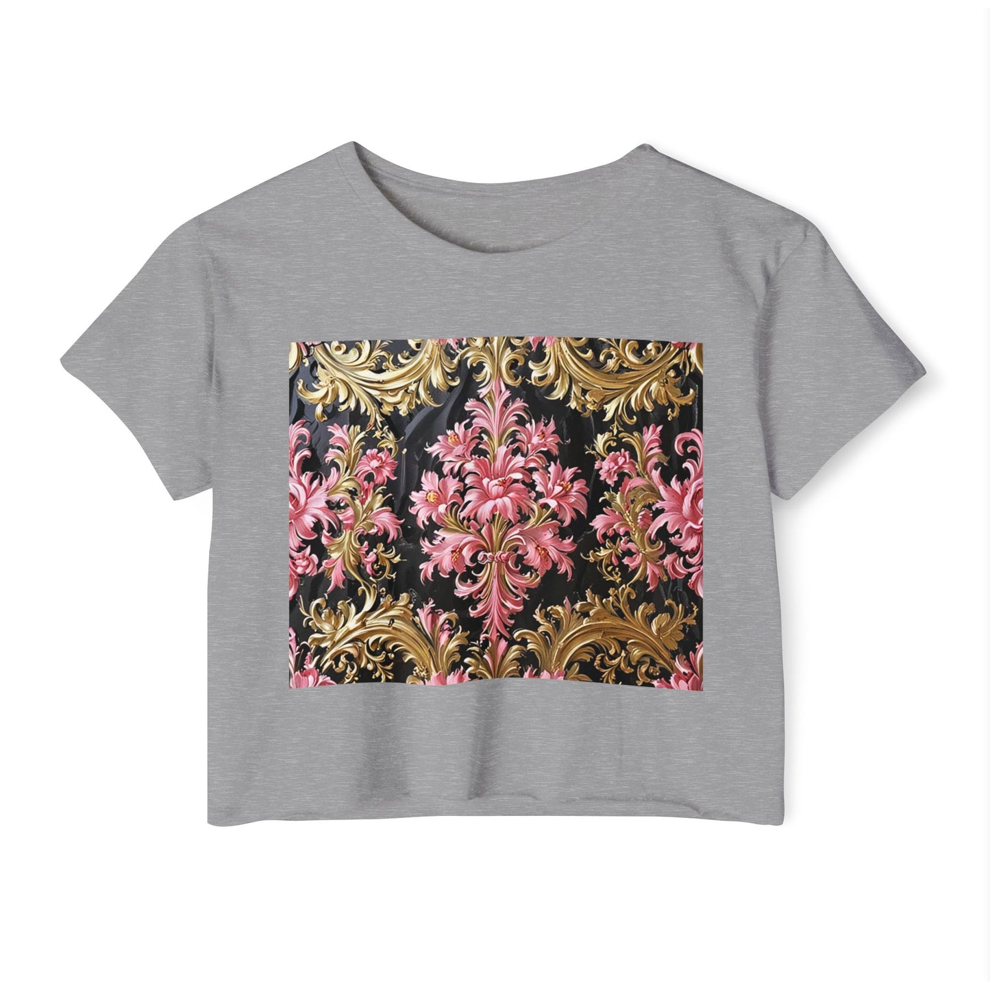 Festival-Ready Women's Crop Top, Boho Chic Tee, Summer Music Fest Shirt, Stylish Festival Wear - Black & Pink Oil Painting Style Rococo