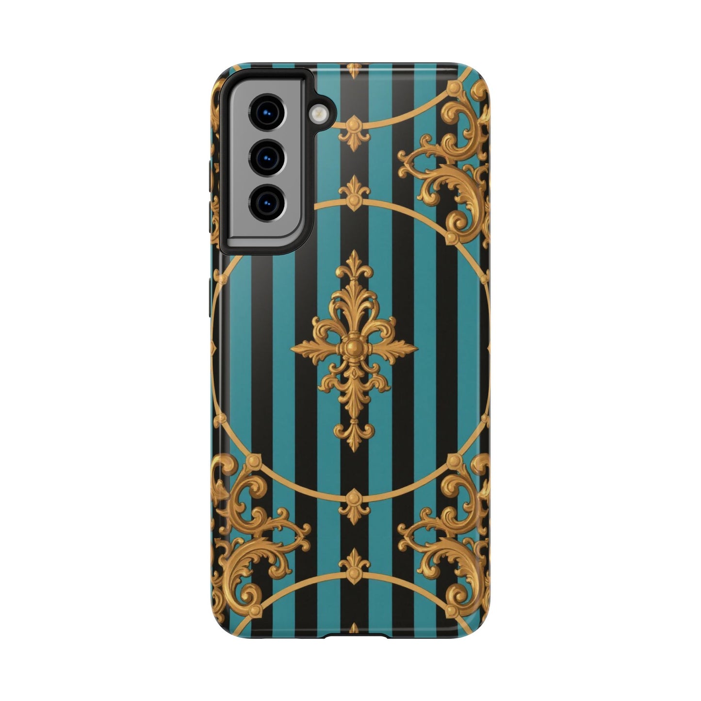 Elegant Turquoise & Black Striped Gold Baroque Phone Case, Tough Phone Cases for Fashion Lovers, Gift for Her, Luxury Accessories