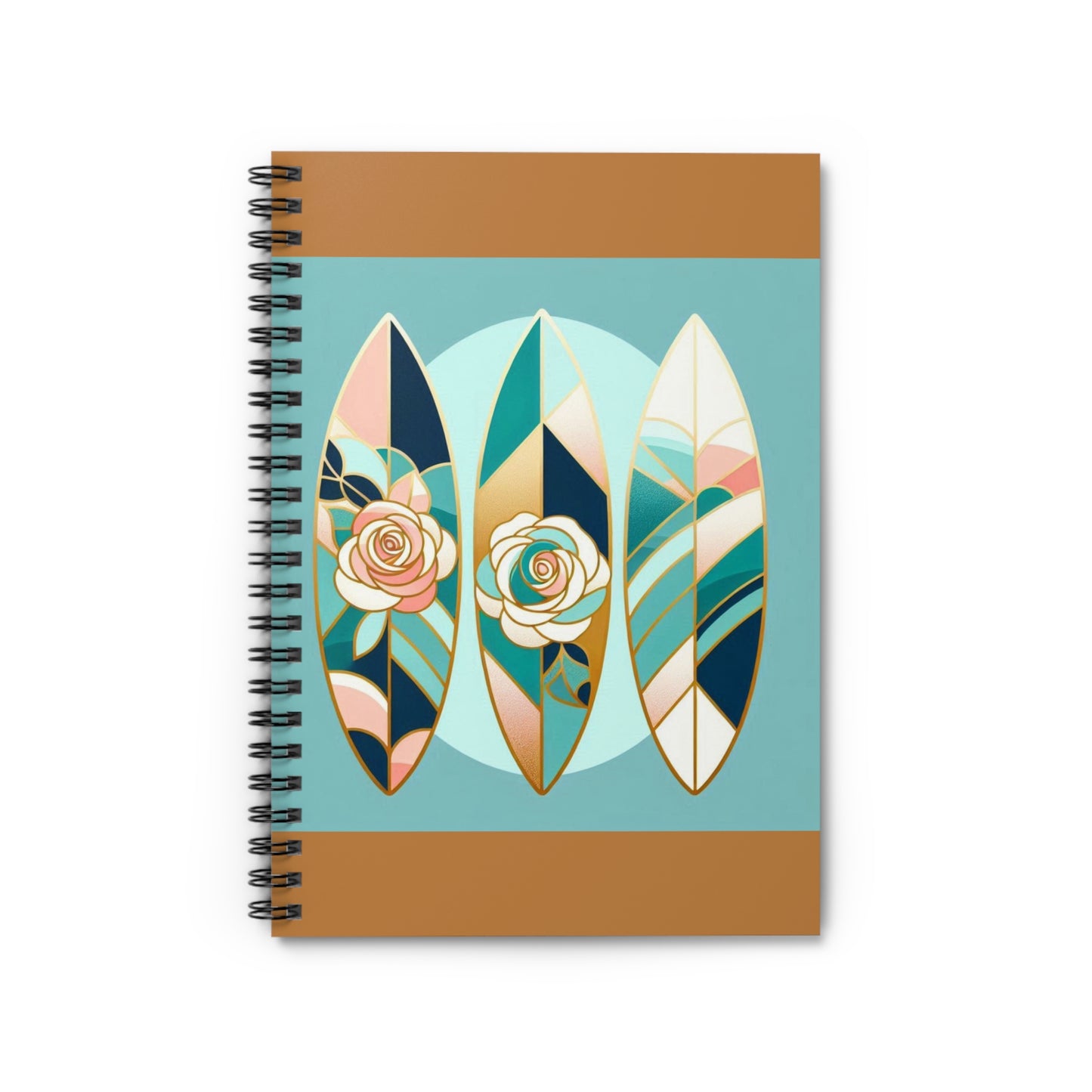 Stylish Surfing Spiral Notebook - Ruled Line with Floral Design - Blue, Pink & Aqua Surfboard & Roses