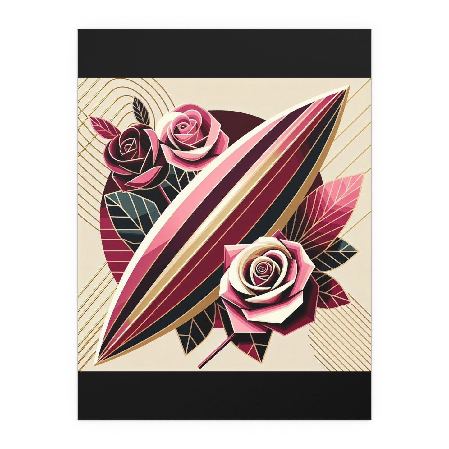 Elegant Floral Silk Poster - Indoor/Outdoor Wall Art for Home Decor - Pink & Burgundy Striped Surfboard & Roses