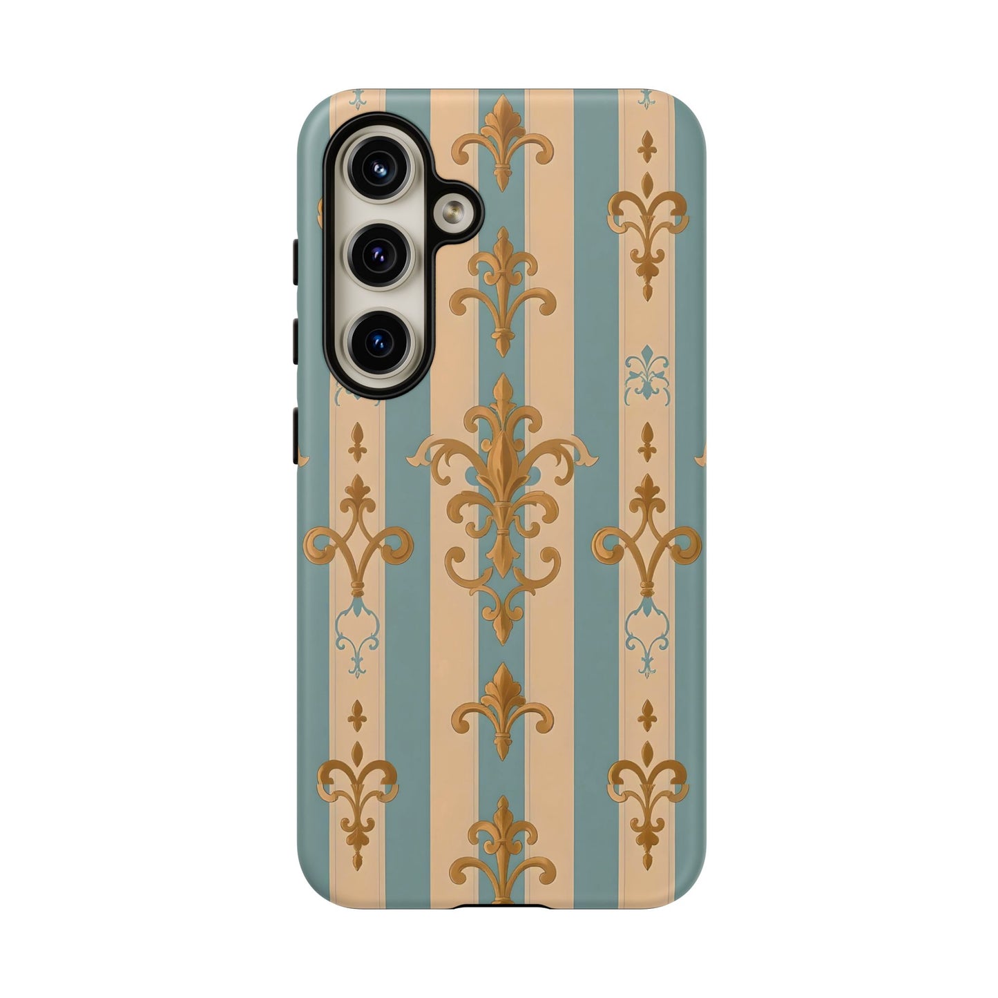 Elegant Floral Motif Phone Case - Tough Cases with Vintage Design -  Beige & Sky Blue Striped Gold Damask