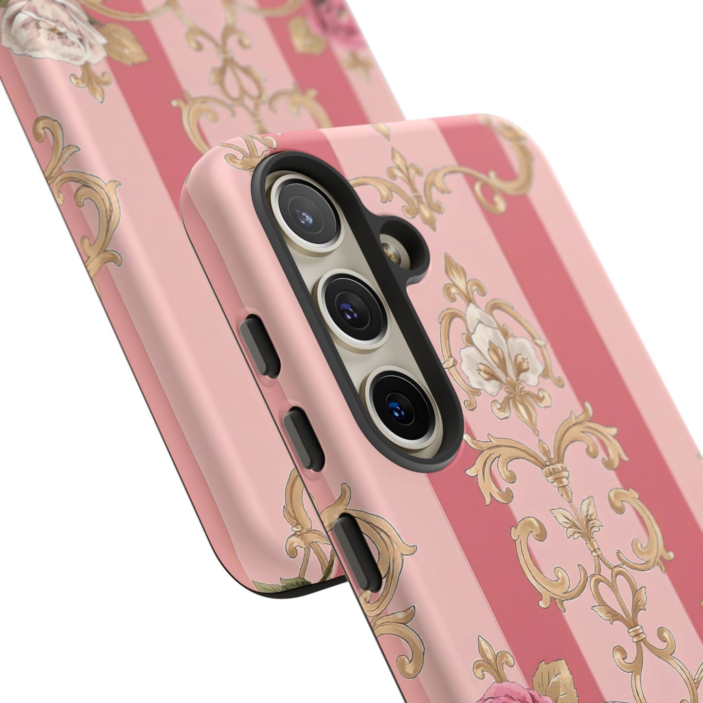 Elegant Floral Motif Phone Case - Tough Cases with Vintage Design - Pink Striped Roses & Damask