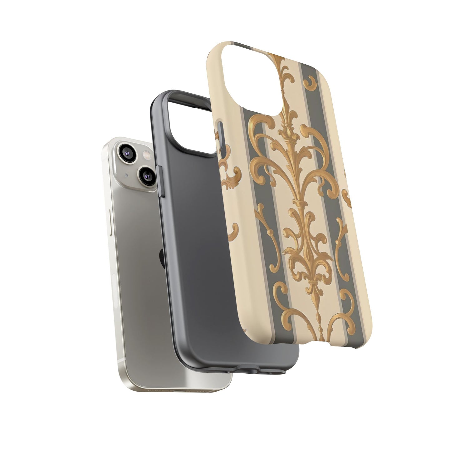 Elegant Floral Motif Phone Case - Tough Cases with Vintage Design - Dusk Olive Striped Gold Damask