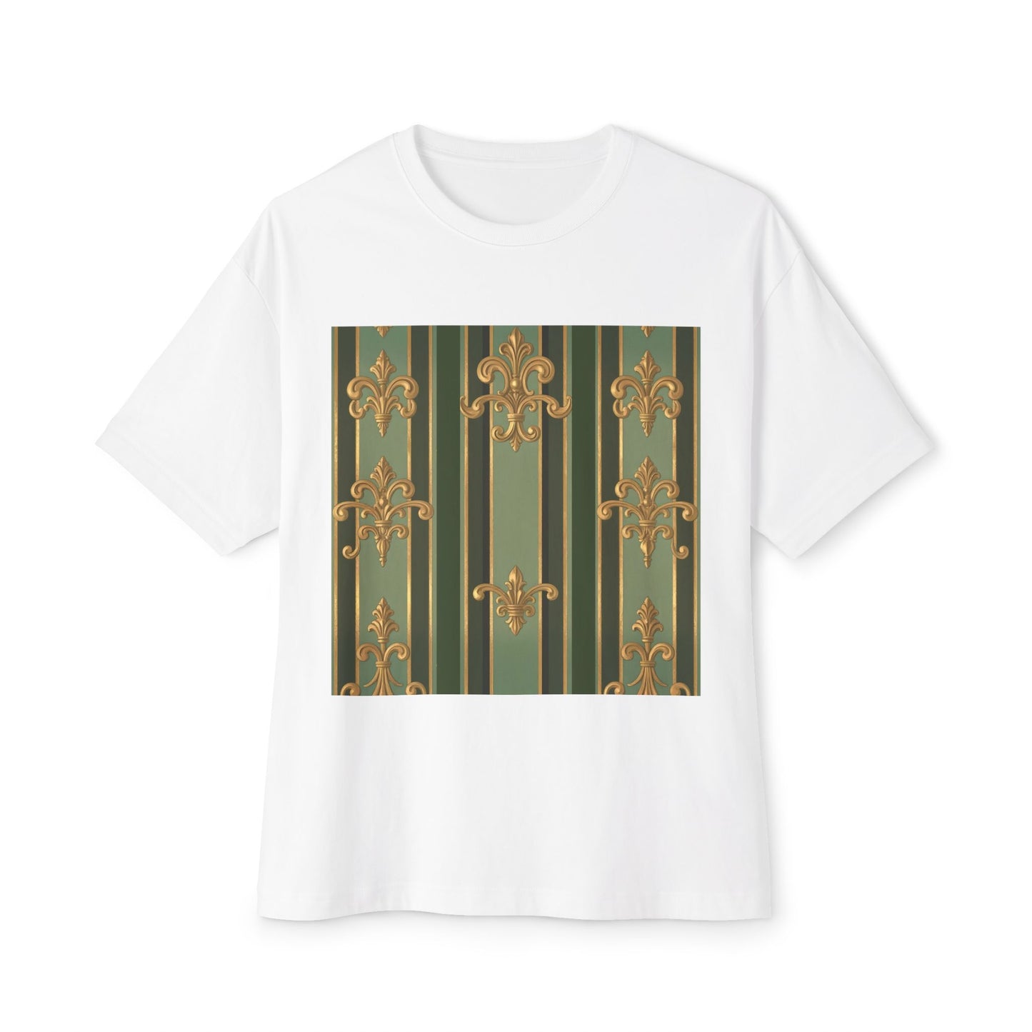 Elegant Vintage-Inspired Boxy Tee, Relaxed Fit Graphic T-Shirt, Floral Design Top, Perfect for Casual Outings - Green Striped Gold Baroque