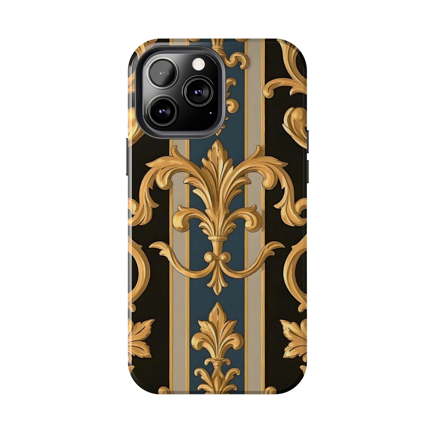 Elegant Rococo Phone Cases, Tough iPhone Case, Floral Design Case, Luxury Phone Cover - Blue & Black Striped Rococo