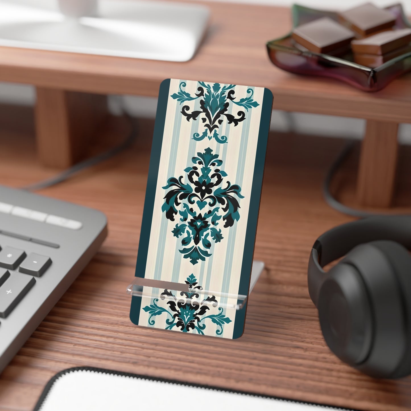 Elegant Floral Smartphone Display Stand - Teal Striped Damask - Decorative Mobile Holder