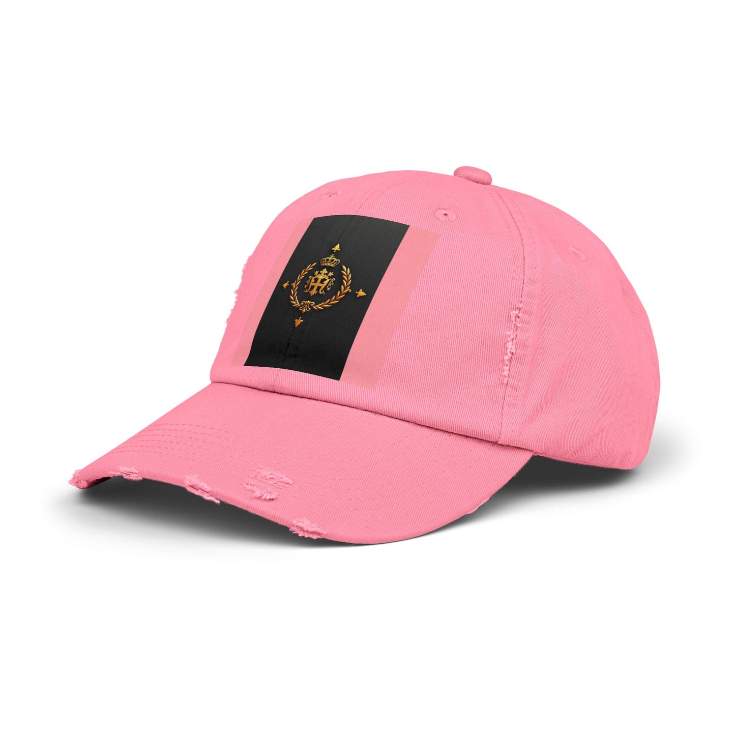Stylish Unisex Distressed Cap with Trendy Design, Casual Accessories for Everyday Wear, Fashion Statement Cap - Pink Striped Gold Crest