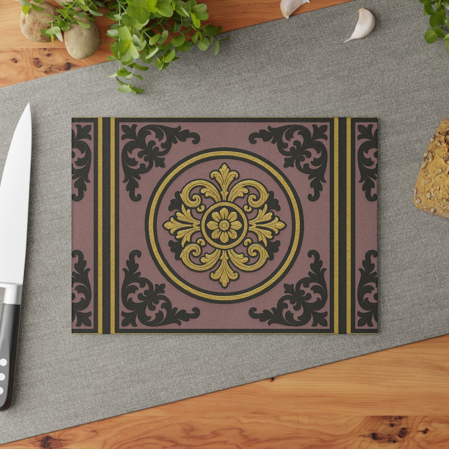 Elegant Gilded Mauve With Gold-Black Baroque Glass Cutting Board - Kitchen Decor, Wedding Gift, Housewarming, Culinary Art, Home Cooking