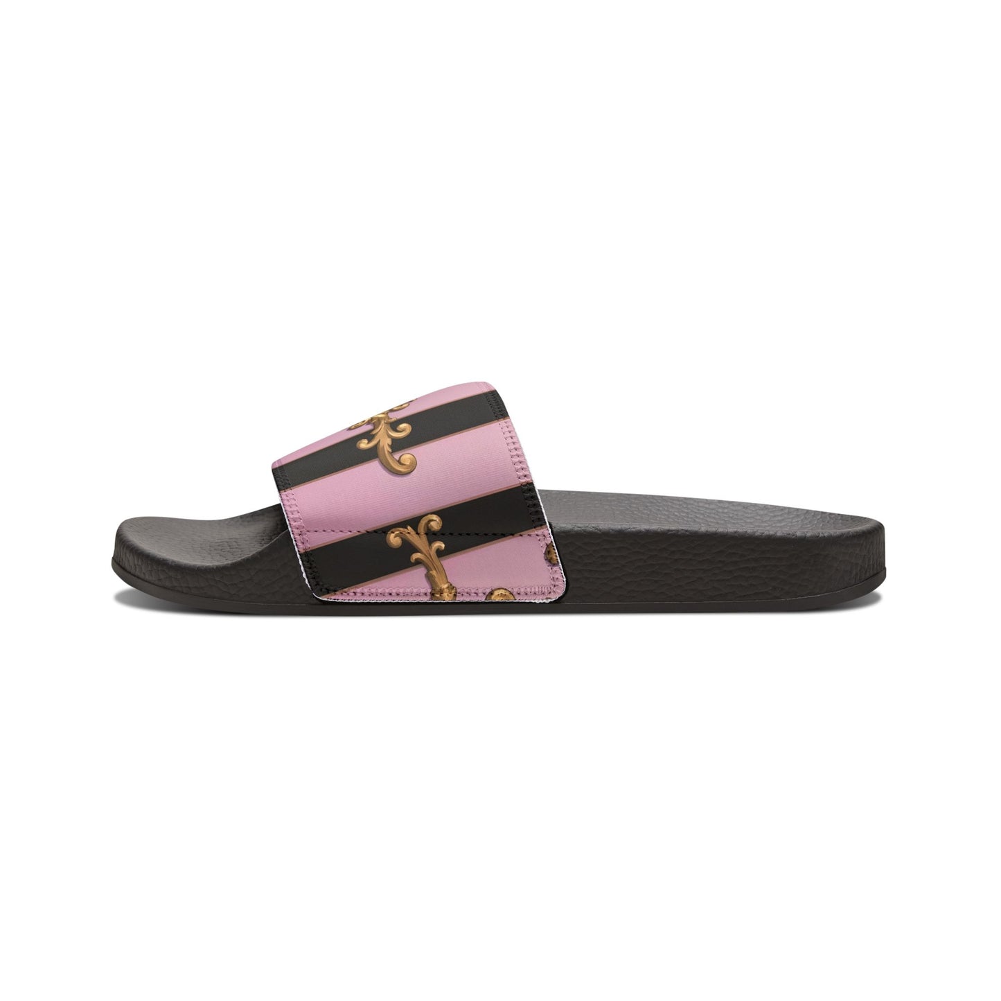 Chic Women's Slide Sandals, Stylish Summer Footwear, Beachwear, Poolside Chic, Vacation Essentials - Matte Lavender & Black Striped Gold Baroque