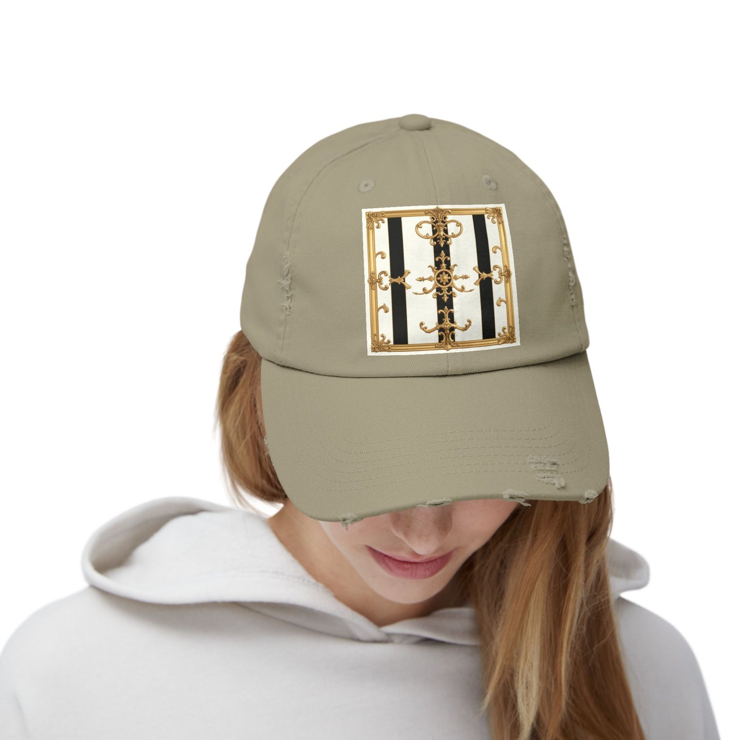 Stylish Distressed Cap with Unique Gold Design, Trendy Hat, Casual Wear, Gift for Him/Her - Black & White Striped Gold Baroque