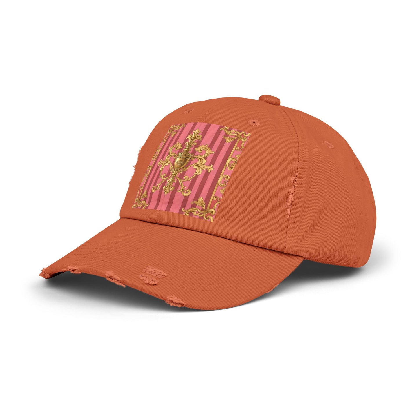 Chic Distressed Unisex Cap - Trendy Accessories for Style Lovers, Everyday Wear, Fashion Statement, Birthday Gift - Pink Striped Gold Baroque