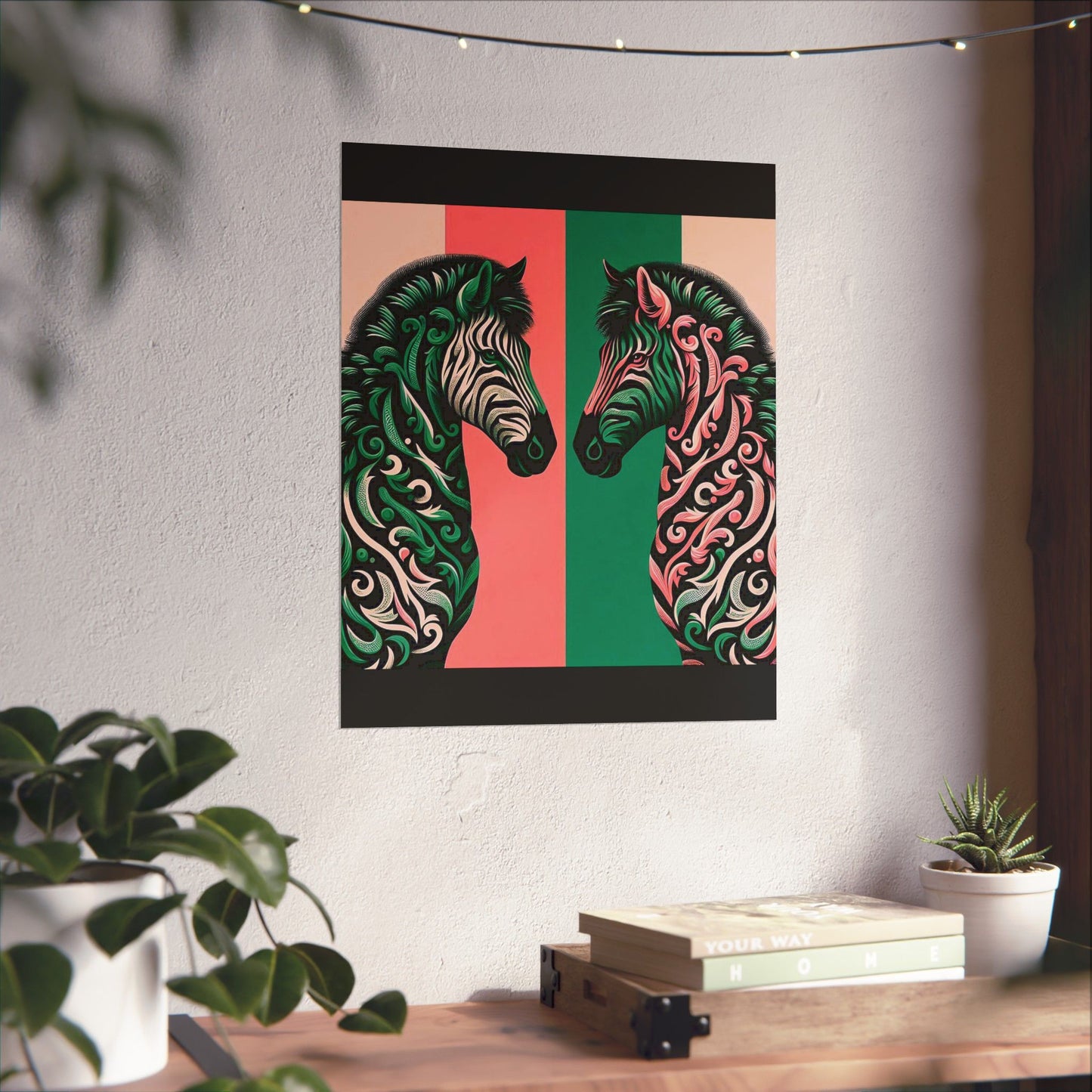 Floral Art Poster - Elegant Matte Vertical Wall Decor - Pink & Green Zebra Damask Design