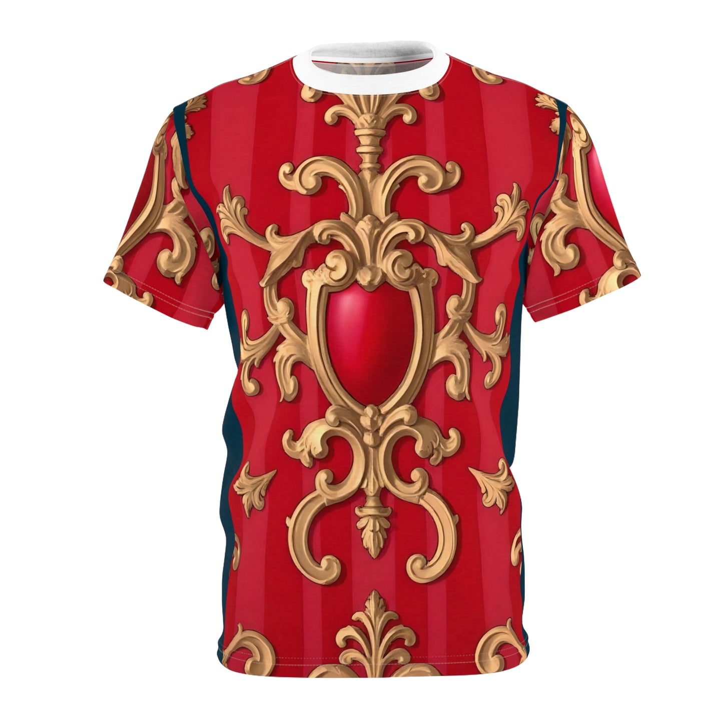 Elegant Baroque Pattern Unisex Tee, Luxurious Graphic T-Shirt, Statement Shirt, Unique Gift - Blue, Red & White Striped Baroque