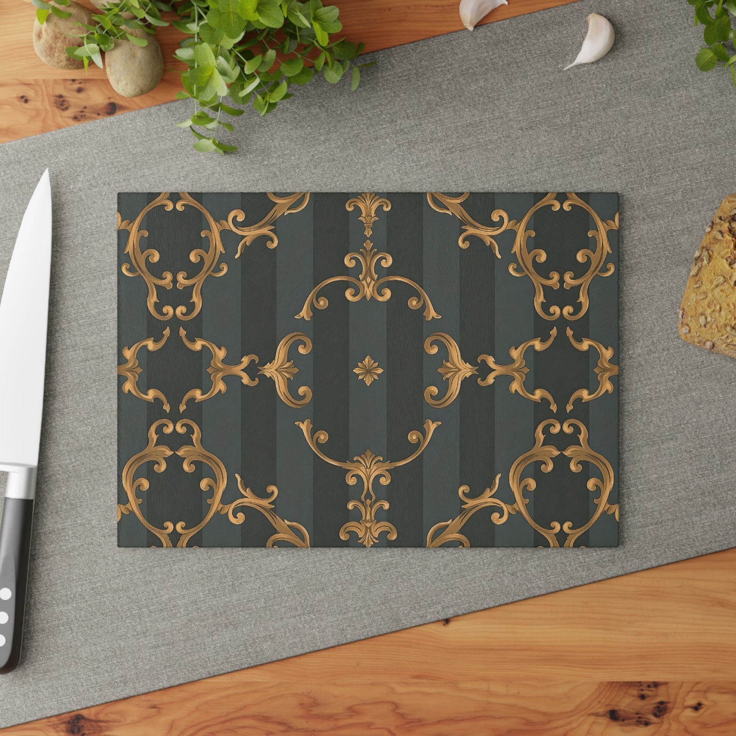Elegant Glass Cutting Board - Vintage Floral Design for Stylish Kitchens - Gray Striped Baroque