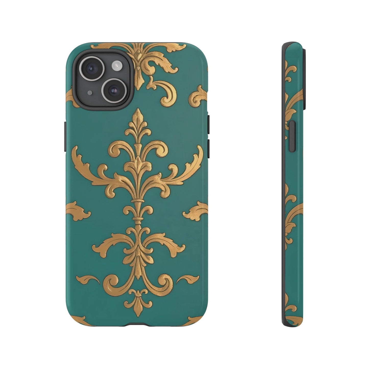 Elegant Floral Motif Phone Case - Tough Cases with Vintage Design - Aqua & Gold Damask