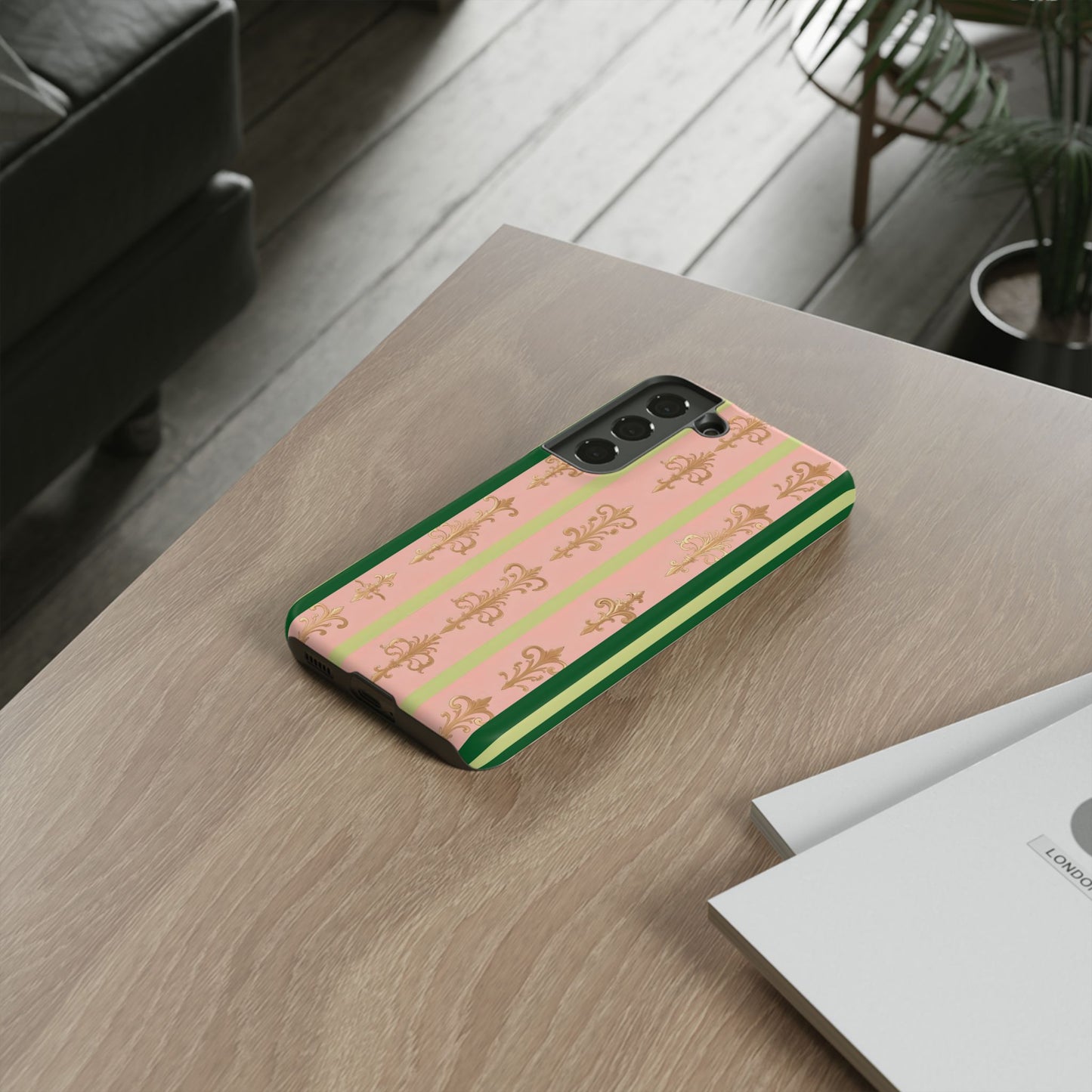 Elegant Floral Motif Phone Case - Tough Cases with Vintage Design - Lime Green & Pink Striped Damask