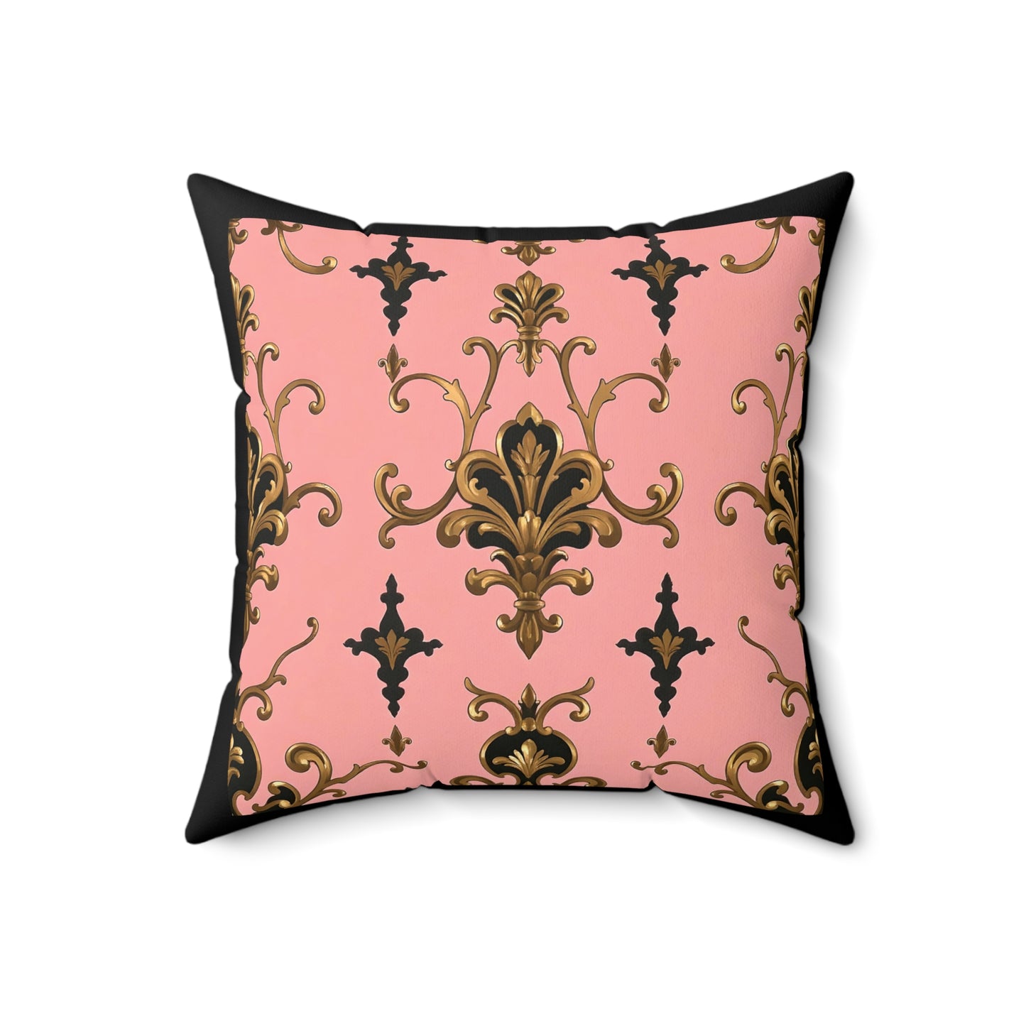 Elegant Faux Suede Pillow with Gold Baroque Design, Decorative Cushion for Home Decor, Throw Pillow - Pink, Black & Gold Rococo