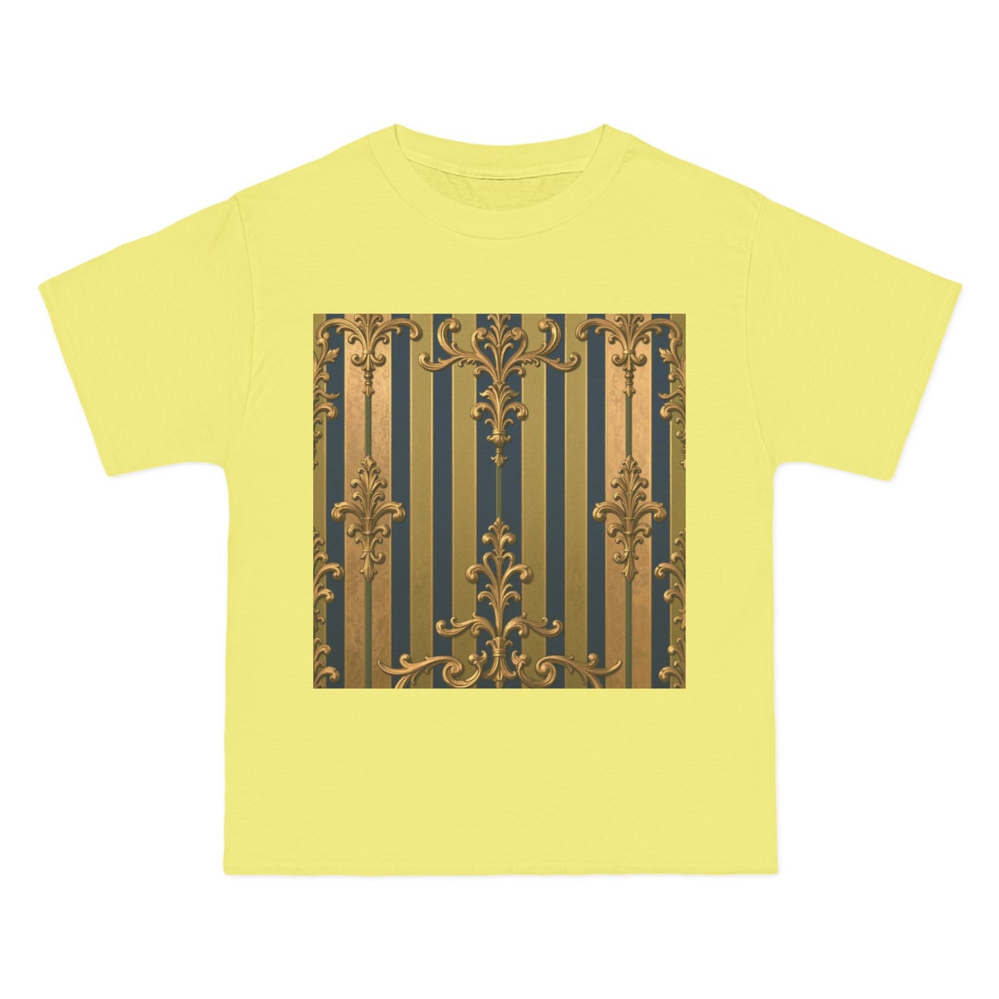 Elegant Midnight Blue & Olive Striped Gold Baroque Short-Sleeve Unisex T-Shirt, Vintage Fashion Tee, Casual Summer Top