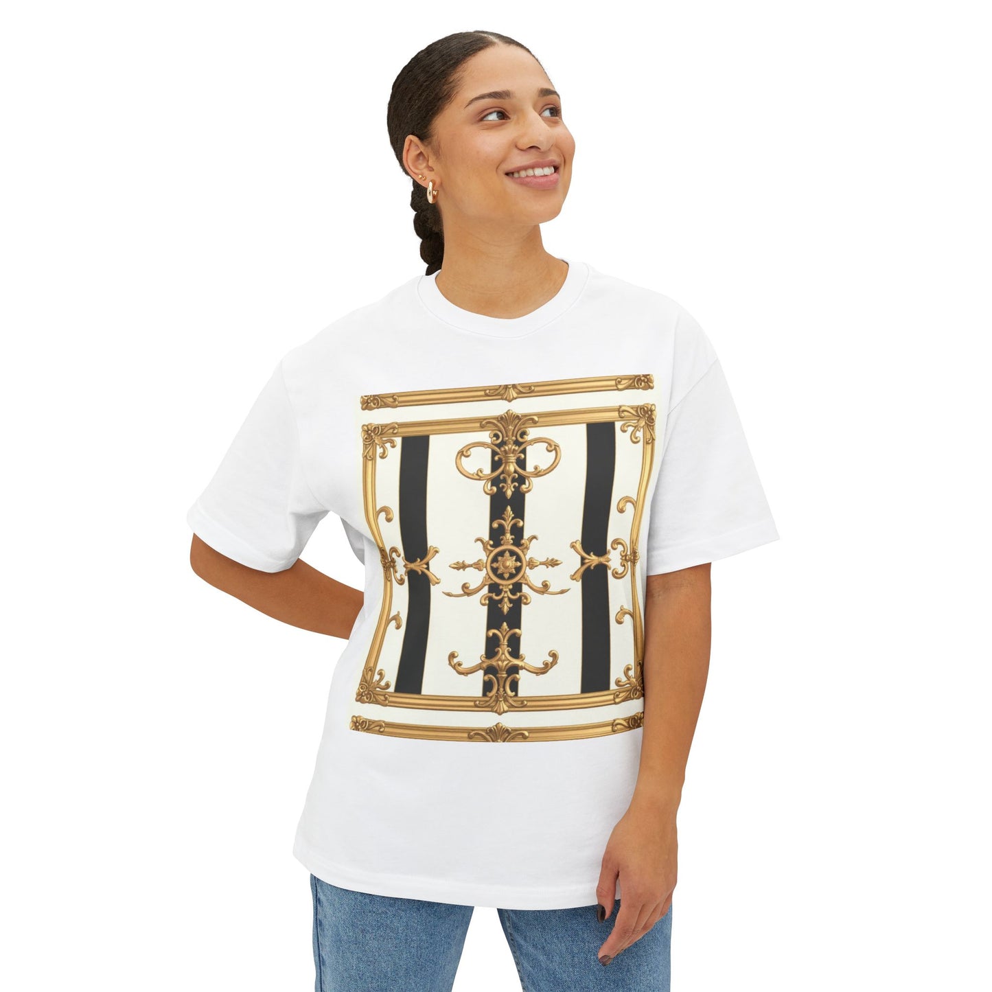 Chic Oversized Boxy Tee with Elegant Gold Design, Fashion T-Shirt, Streetwear Top, Casual Wear - Black & White Striped Gold Baroque